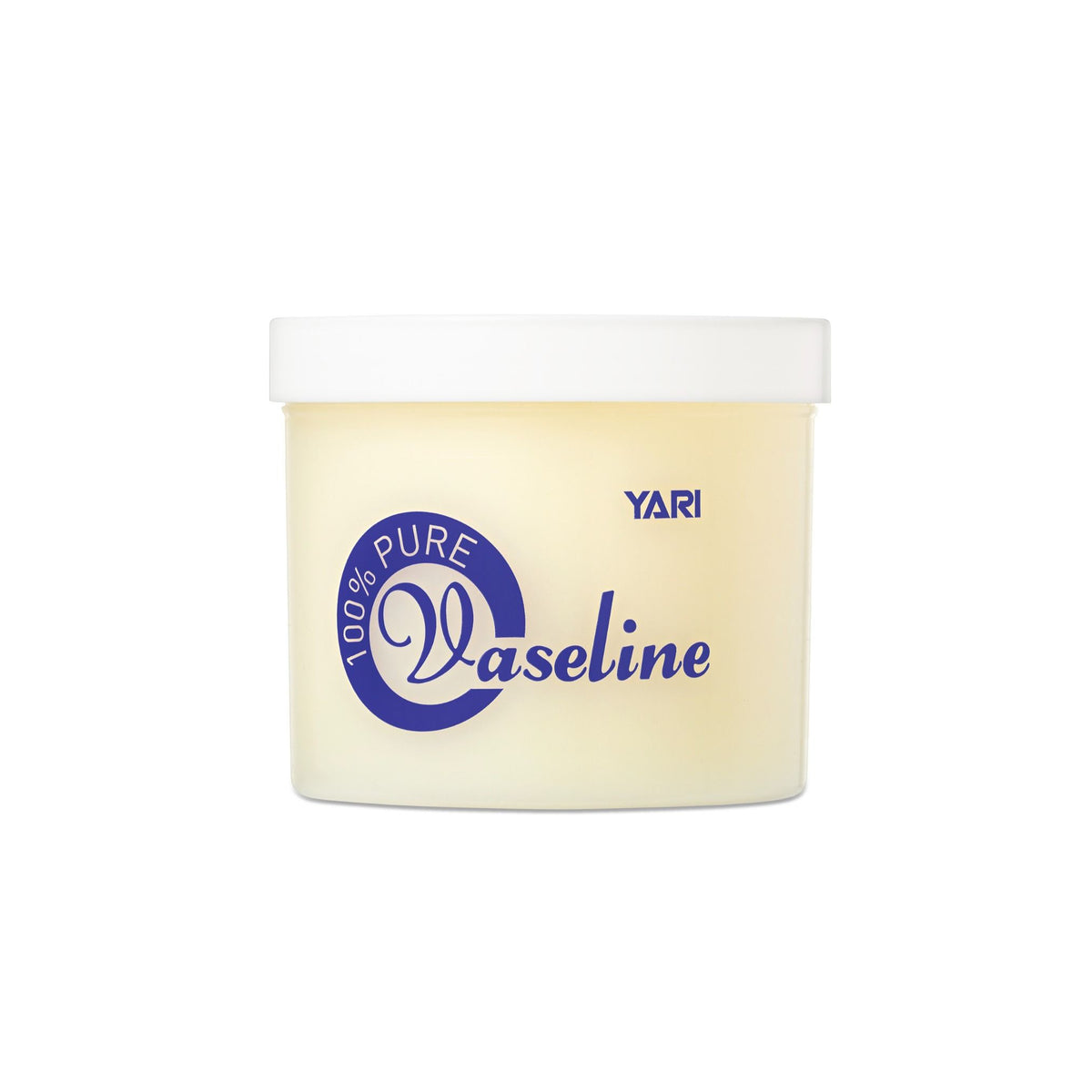 YARI 100% Pure Vaseline (32 oz). Clear plastic can with white lid, containing pure Vaseline. For care and protection of the skin.
