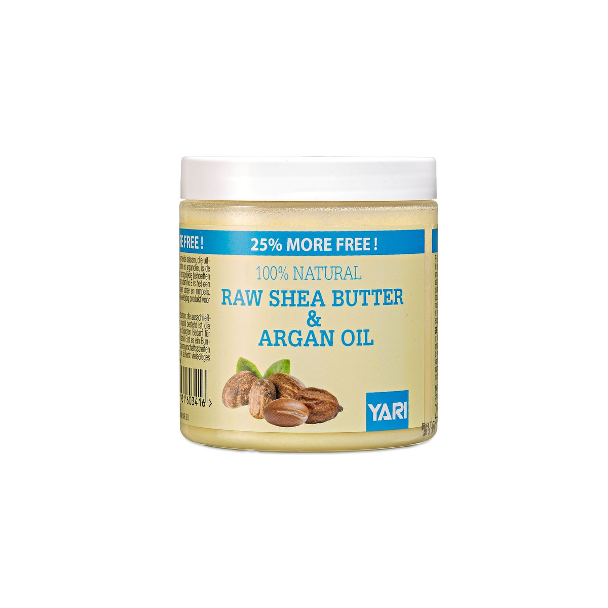YARI 100% Raw Shea Butter & Argan Oil (250 ml). Clear jar with white lid, containing raw shea butter and argan oil. Natural blend of shea butter and argan oil for skin and hair care.