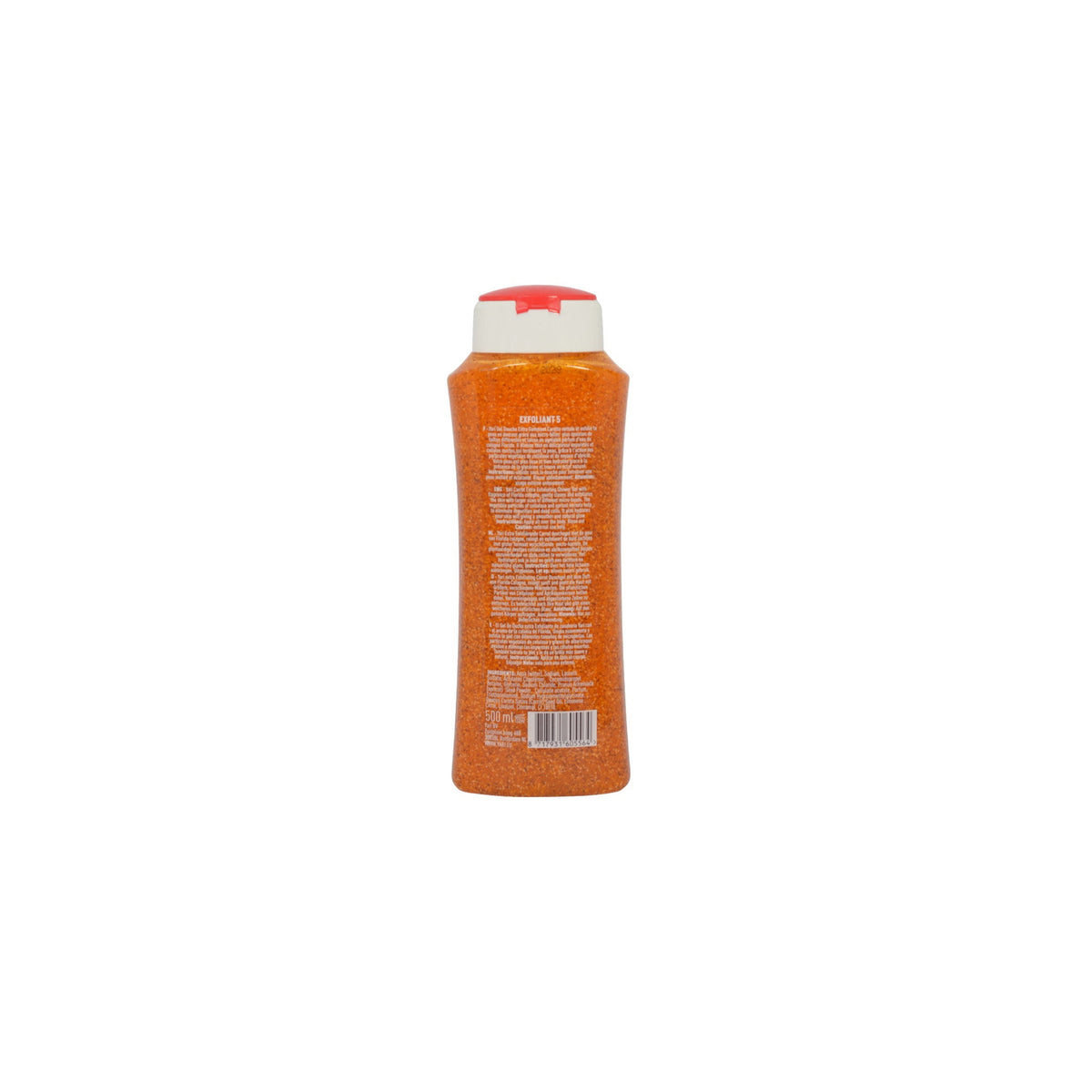  The back of YARI Exfoliant Showergel Carrot & Sweet Chili with extra scrub (500 ml). Clear bottle with orange contents and white cap with orange detail showing ingredient list and instructions for use. Exfoliating shower gel with carrot and sweet chili, with Florida Water fragrance and extra scrub effect, which has a clarifying and softening effect