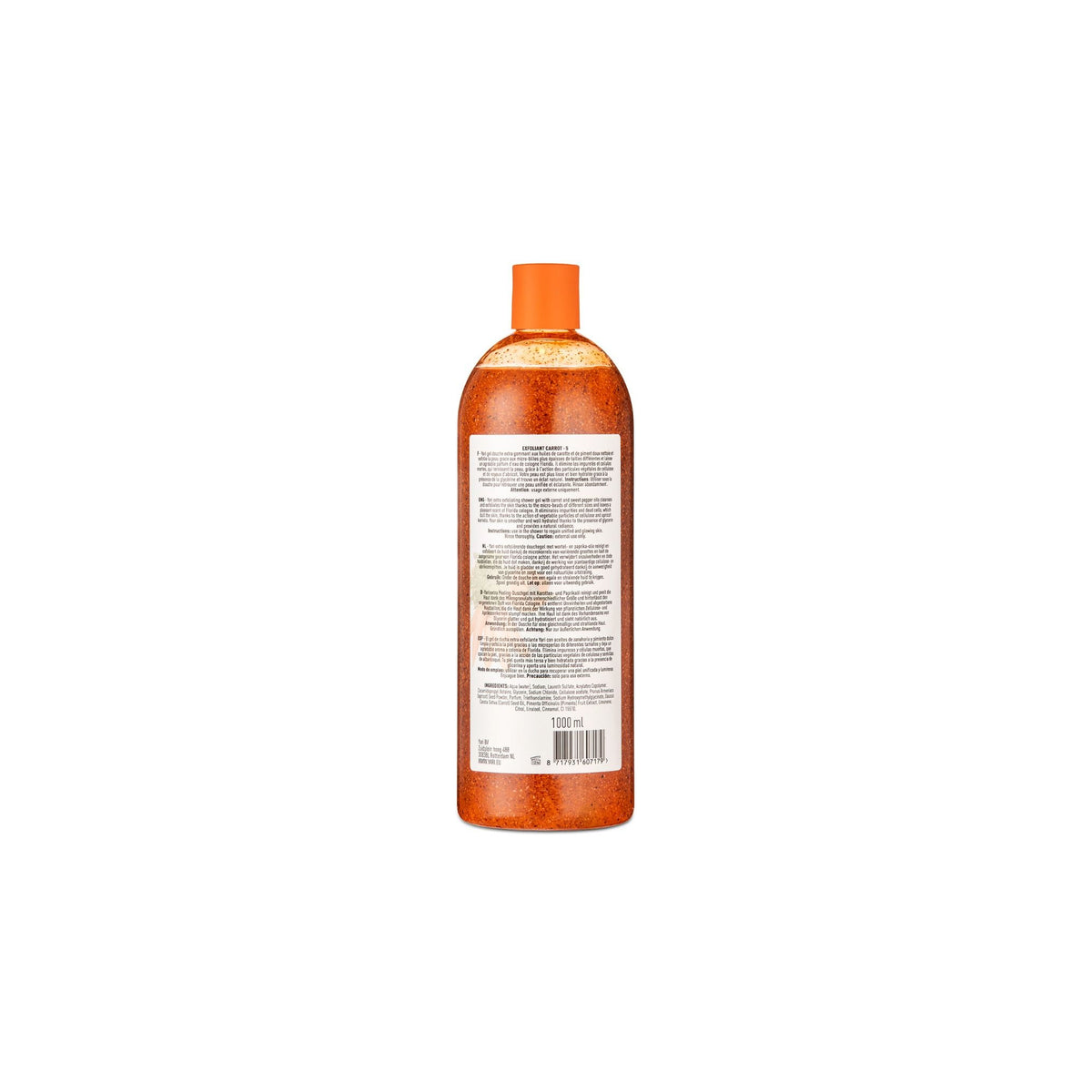  The back of YARI Exfoliant Showergel Carrot & Sweet Chili (1000 ml). Large, clear bottle with orange contents and orange cap showing ingredient list and instructions for use. Exfoliating shower gel with carrot and sweet chili, with a Florida Water fragrance that has a clarifying effect.