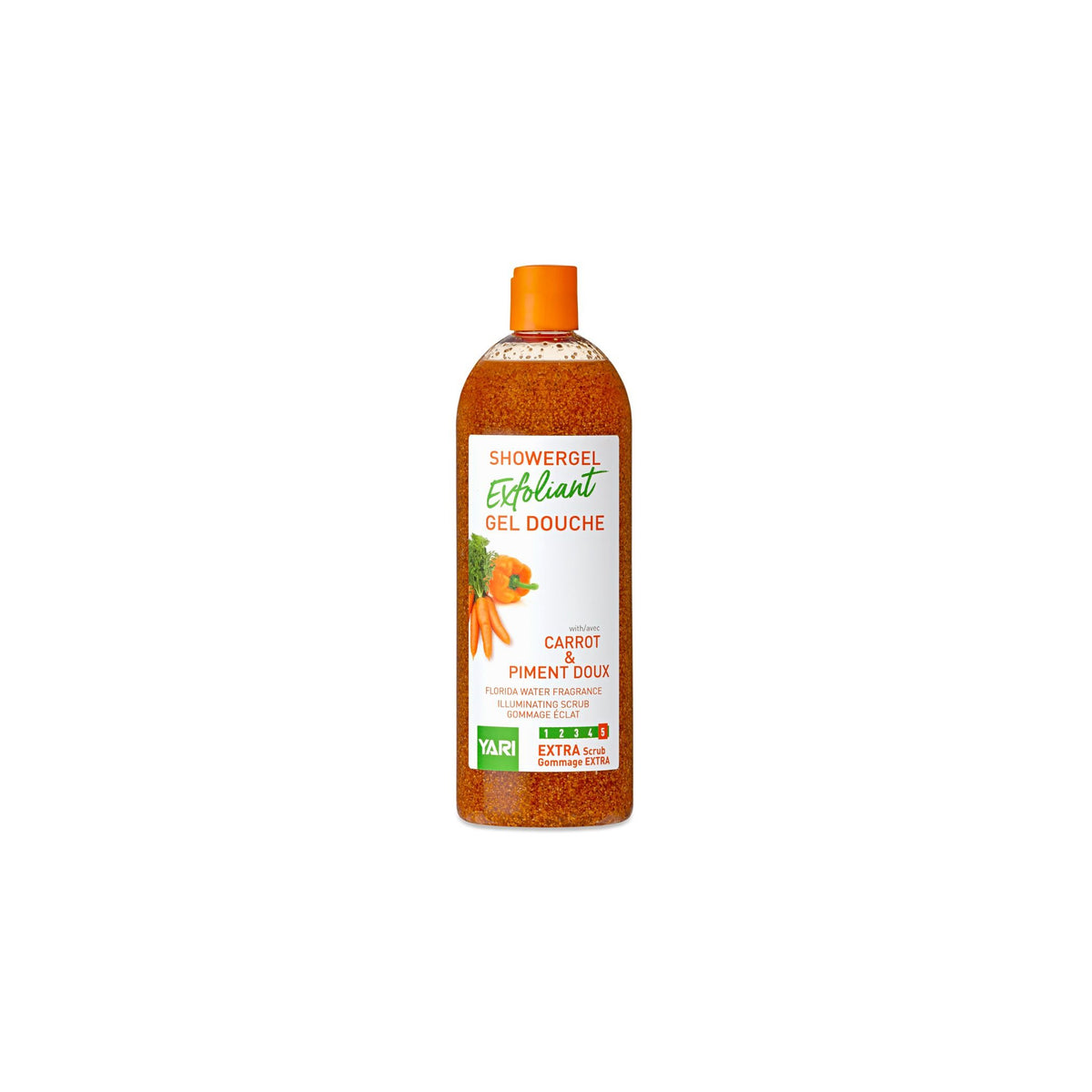 YARI Exfoliant Showergel Carrot & Sweet Chili (1000 ml). Large, clear bottle with orange contents and orange cap. Exfoliating shower gel with carrot and sweet chili, with a Florida Water fragrance that has a clarifying effect.