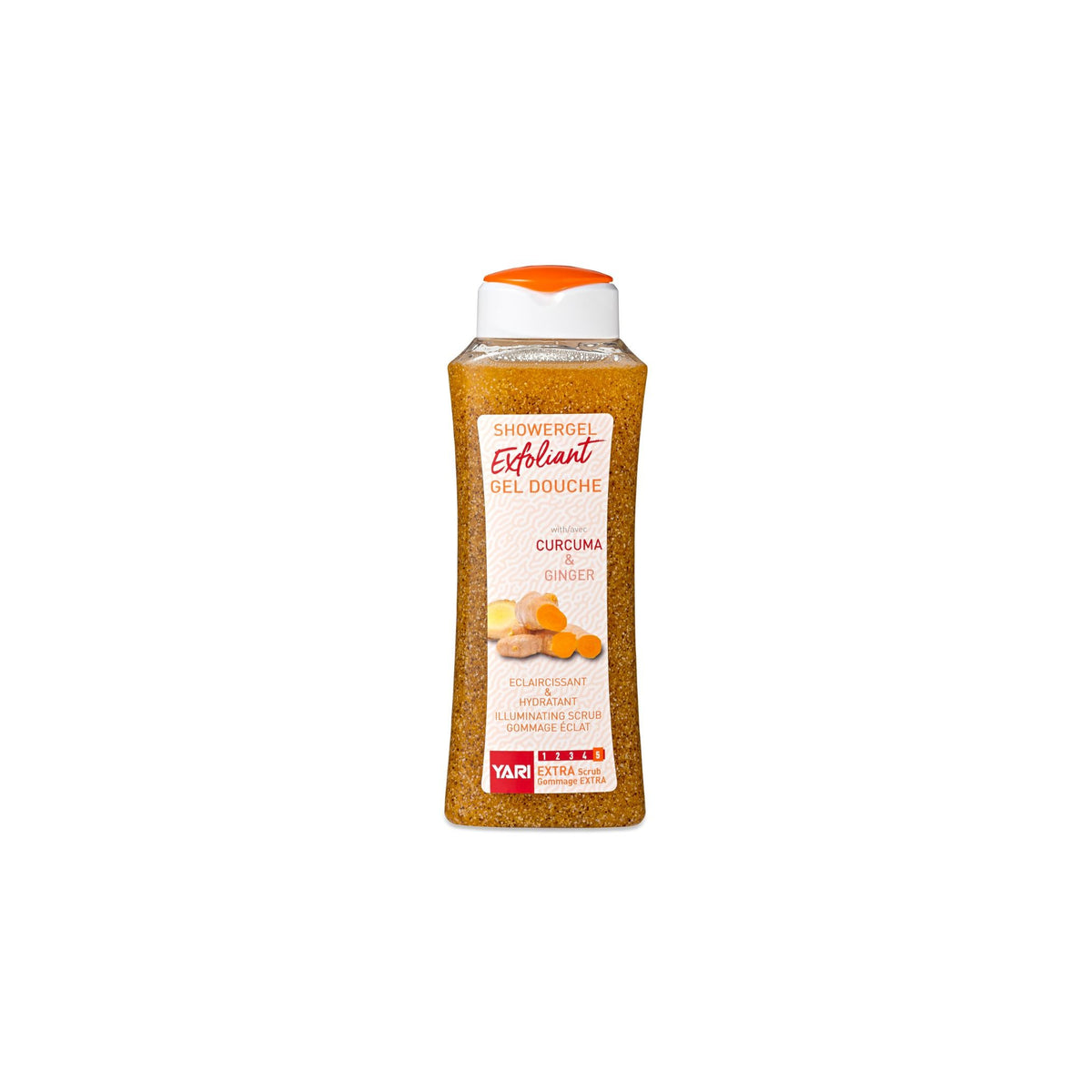 YARI Exfoliant Showergel Curcuma & Ginger (500 ml). Clear bottle with orange contents and white cap with orange detail. Exfoliating shower gel with turmeric and ginger that has a clarifying and moisturizing effect.