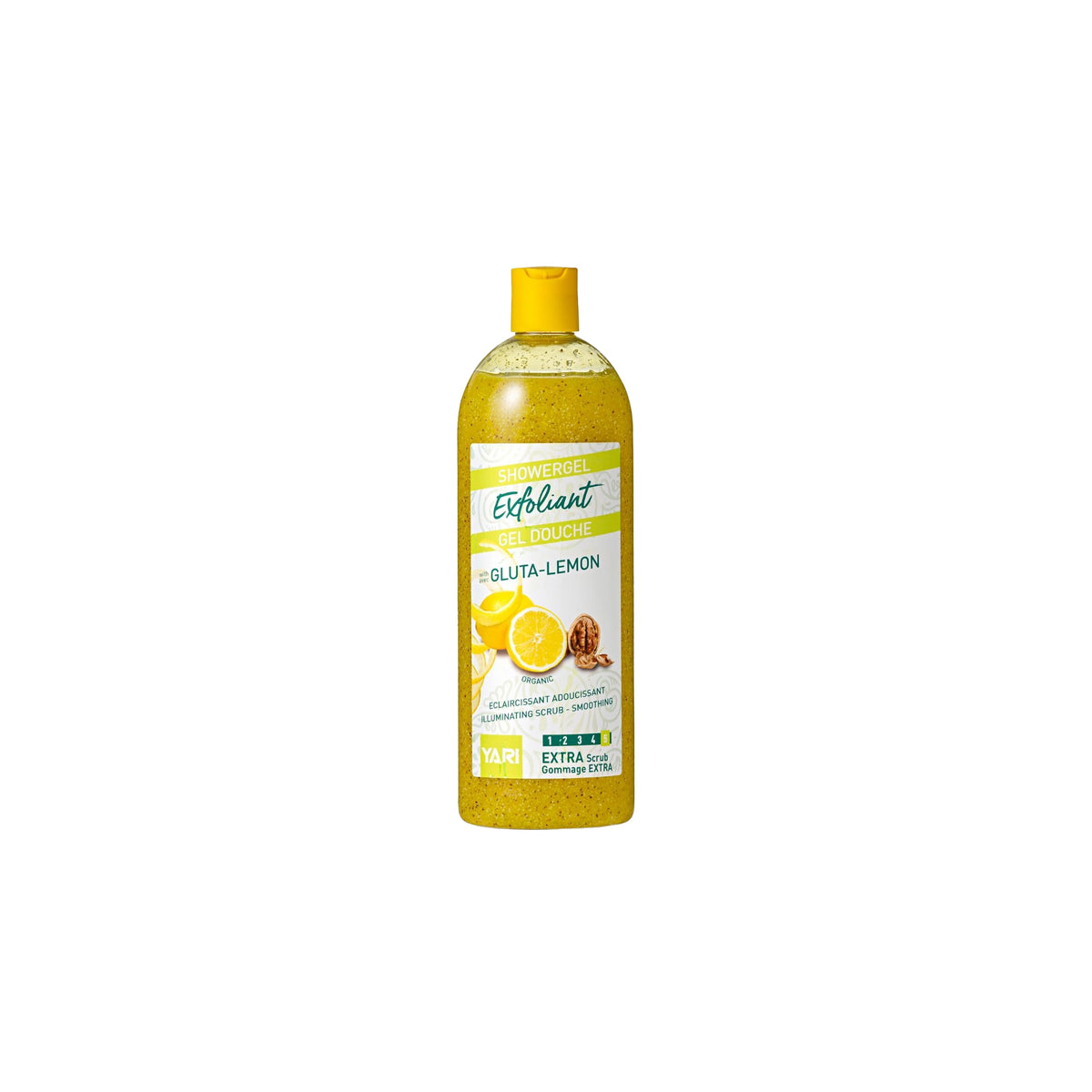YARI Exfoliant Shower Gel Gluta-Lemon (1000 ml). Large, clear bottle with yellowish contents and yellow lid. Exfoliating shower gel with gluta and lemon that has a clarifying and softening effect.