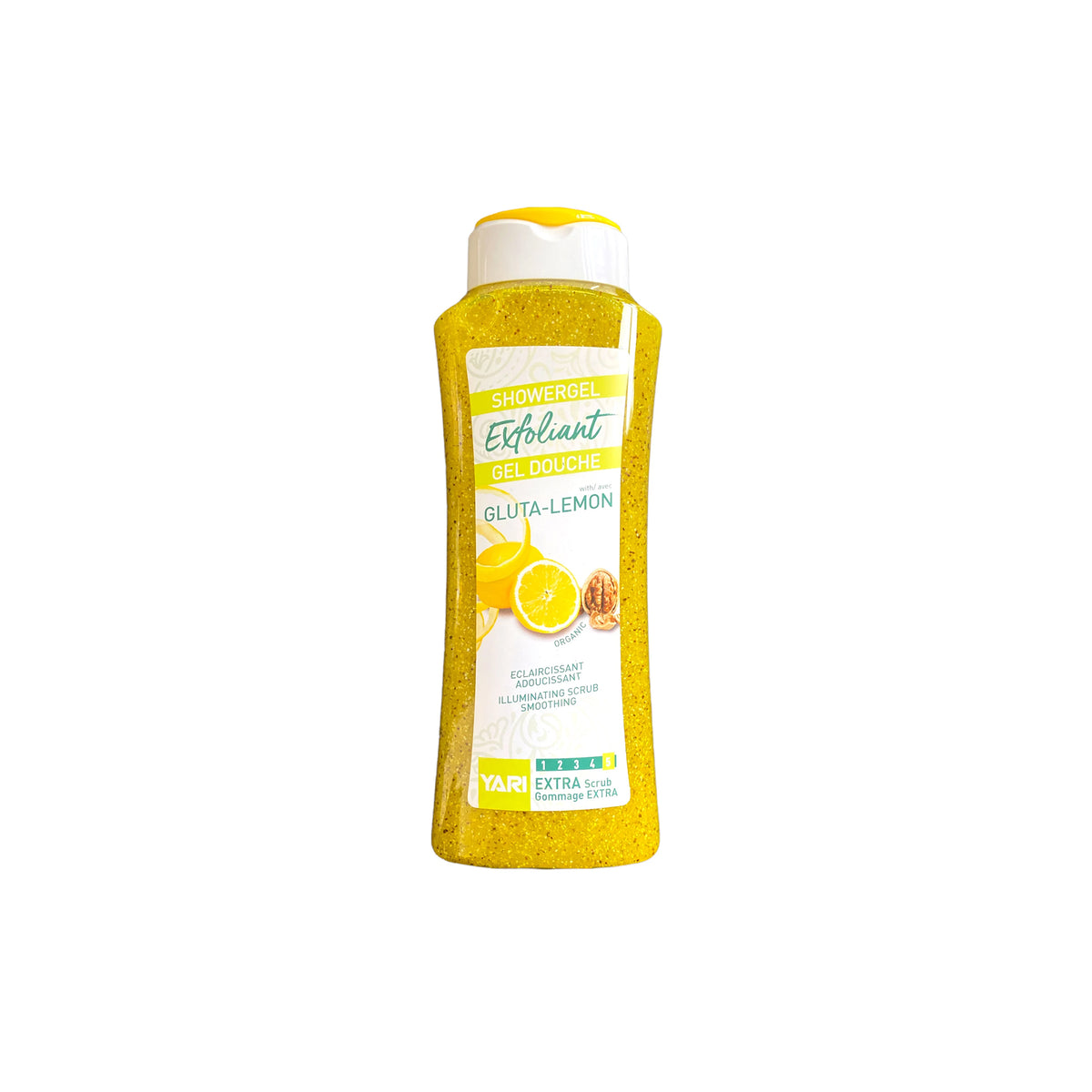 YARI Exfoliant Shower Gel Gluta-Lemon (500 ml). Clear bottle with yellowish contents and white lid with yellow detail. Exfoliating shower gel with gluta and lemon that has a clarifying and softening effect.