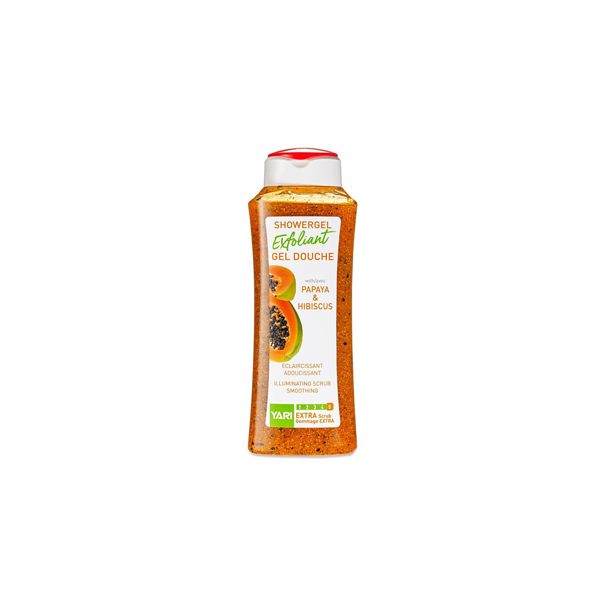  YARI Exfoliant Shower Gel Papaya & Hibiscus (500 ml). Clear bottle with orange contents and white cap with orange detail. Exfoliating shower gel with papaya and hibiscus that has a clarifying and softening effect.