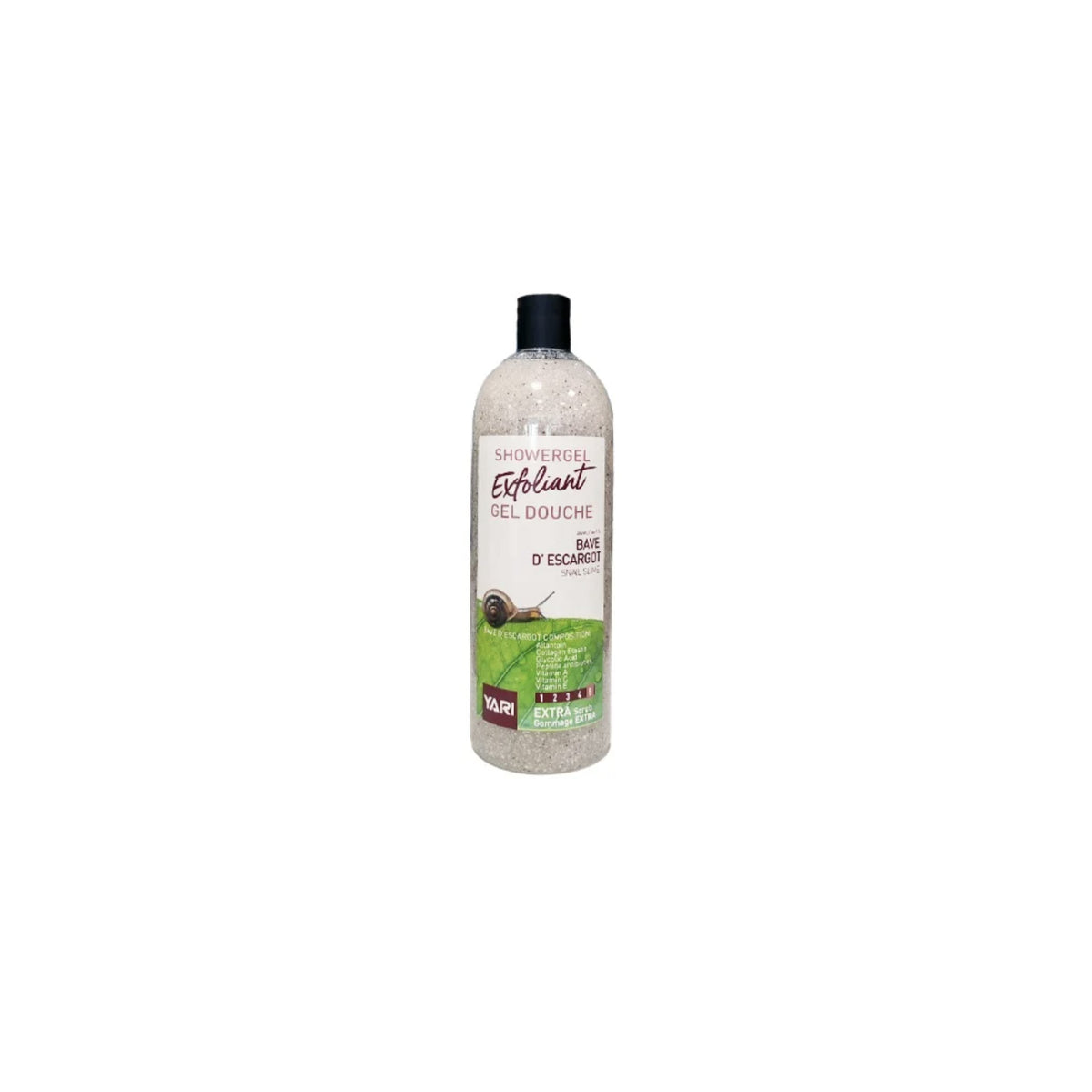 YARI Exfoliant Shower Gel Snail Slime (1000 ml). Large, clear bottle with black lid, containing exfoliating shower gel with snail slime.