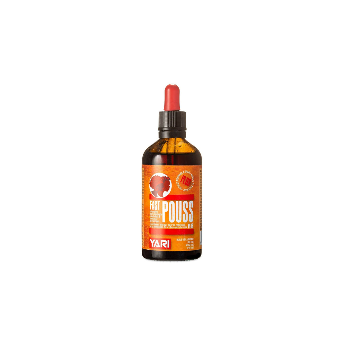 YARI Fast Pouss For Regular Hair (100 ml). Brown glass bottle with red dropper. Hair serum/oil for normal hair to promote hair growth and strengthen hair.