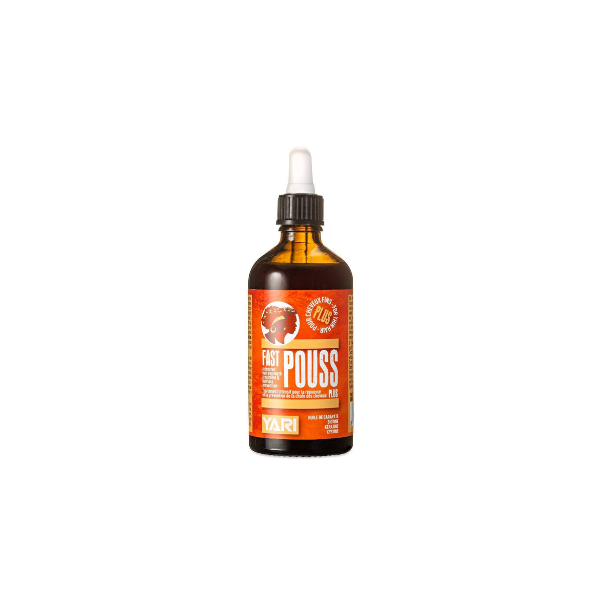 YARI Fast Pouss For Thin Hair (100 ml). Brown glass bottle with white dropper. Hair serum/oil for thin hair to promote hair growth and strengthen hair.
