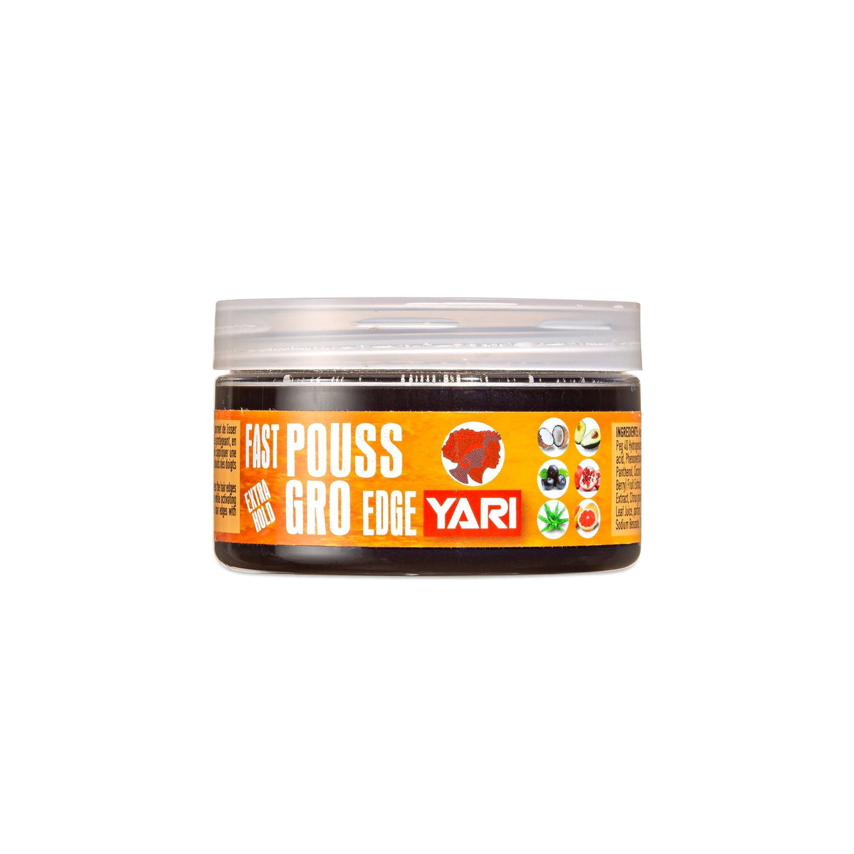 YARI Fast Pouss Gro Edge Extra Hold (125 ml). Round, clear bucket with black contents and orange label. Hair wax/edge control to style and promote hair growth. CG-Approved, without residues (sans résidue) and does not sprinkle (non-flaking).