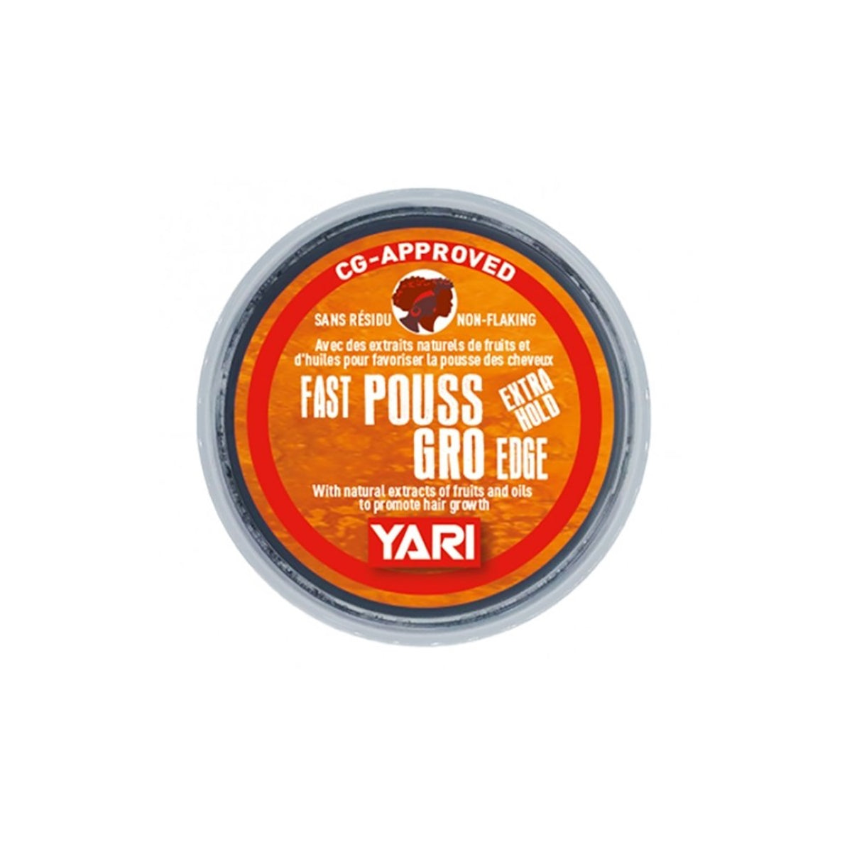 YARI Fast Pouss Gro Edge Extra Hold (125 ml). Round bucket with orange label containing hair wax/edge control to style and promote hair growth. CG-Approved, without residues (sans résidue) and does not sprinkle (non-flaking).