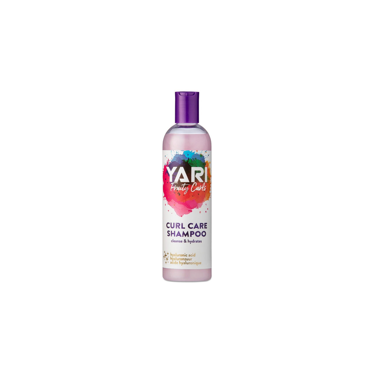 YARI Fruity Curls Curl Care Shampoo (355 ml). Clear bottle with purple cap. Shampoo that cleans and moisturizes curls, contains hyaluronic acid.