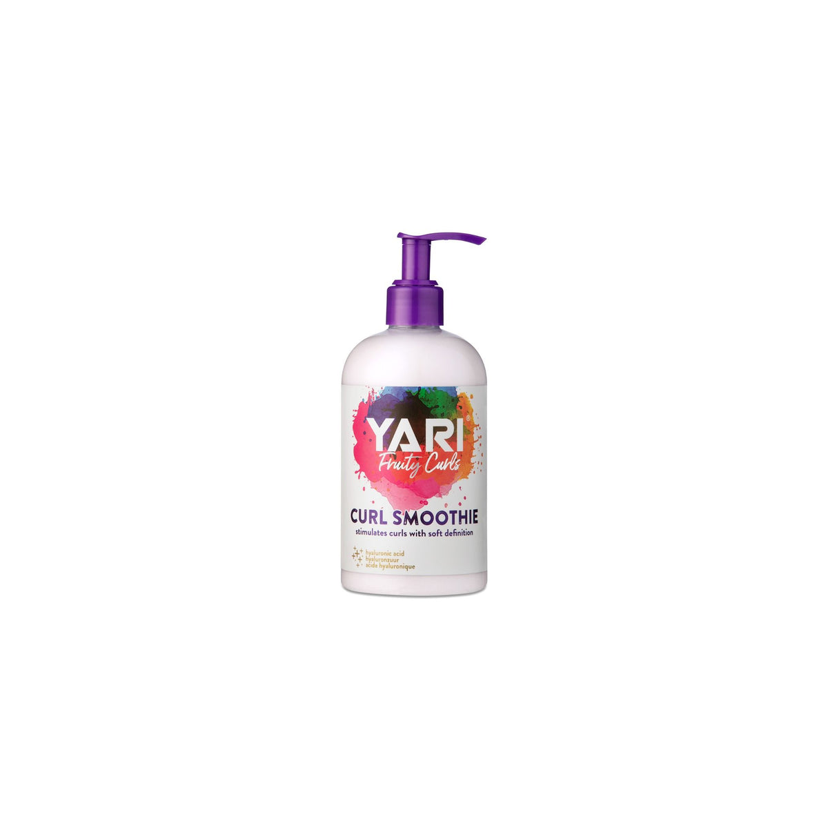 YARI Fruity Curls Curl Smoothie (384 ml). White bottle with purple pump. Curl smoothie that stimulates curls with soft definition.