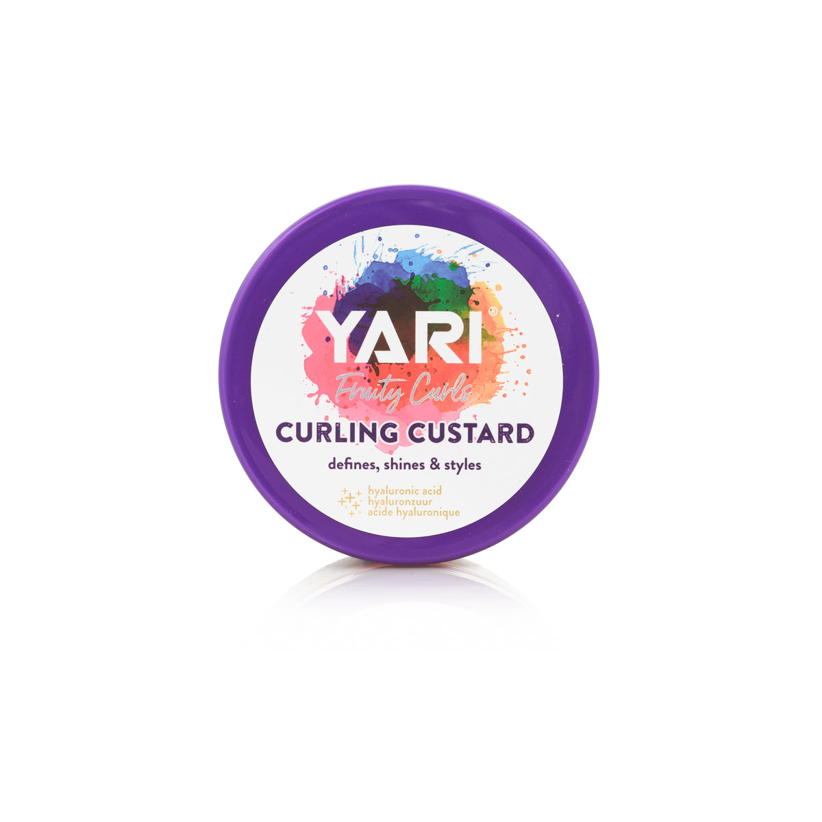 YARI Fruity Curls Curling Custard (300 ml). Purple bucket with white lid. Curl cream that defines, gives shine and styles curls, contains hyaluronic acid.