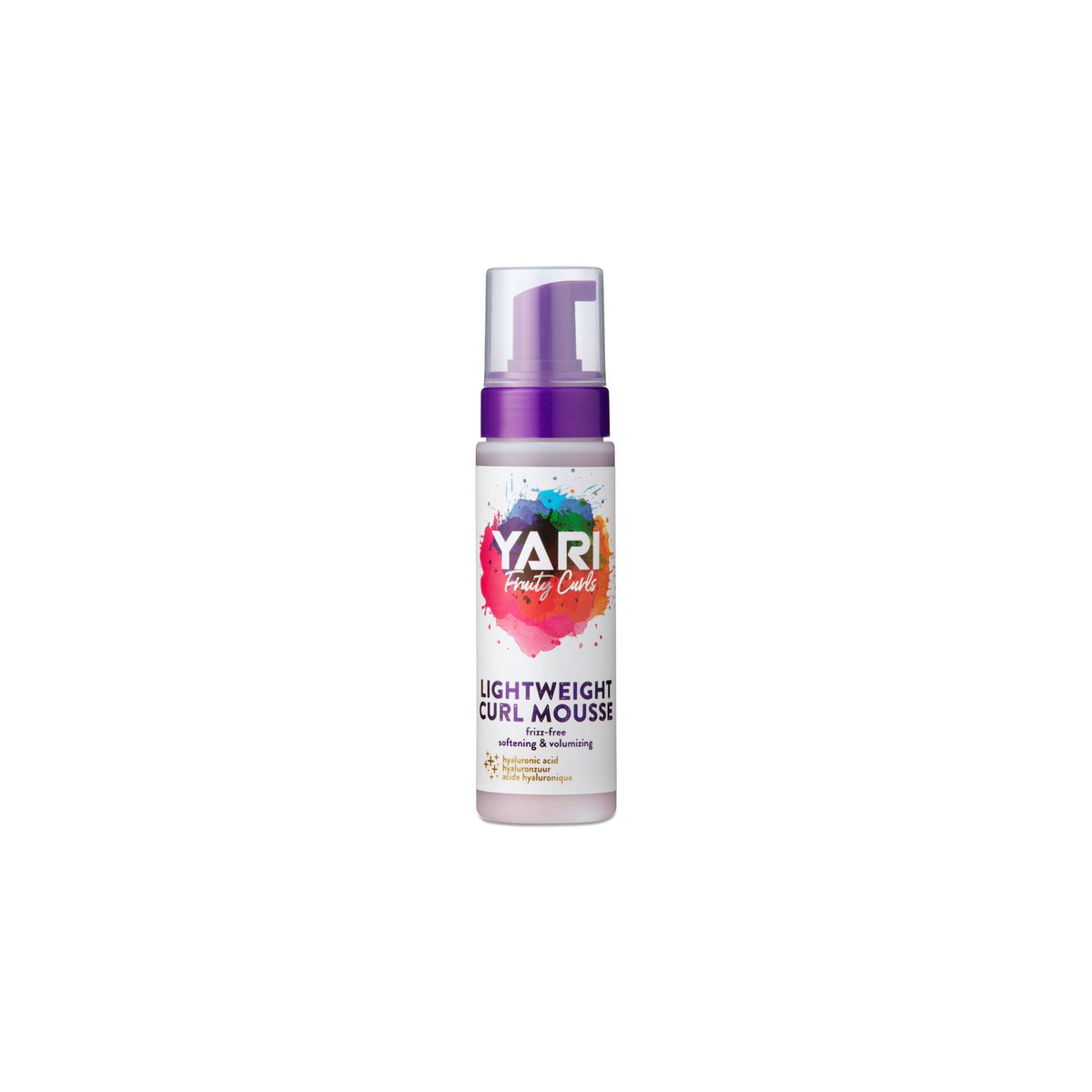 YARI Fruity Curls Lightweight Curl Mousse (220 ml). White bottle with purple pump. Light curling mousse that prevents frizz, softens and gives volume.