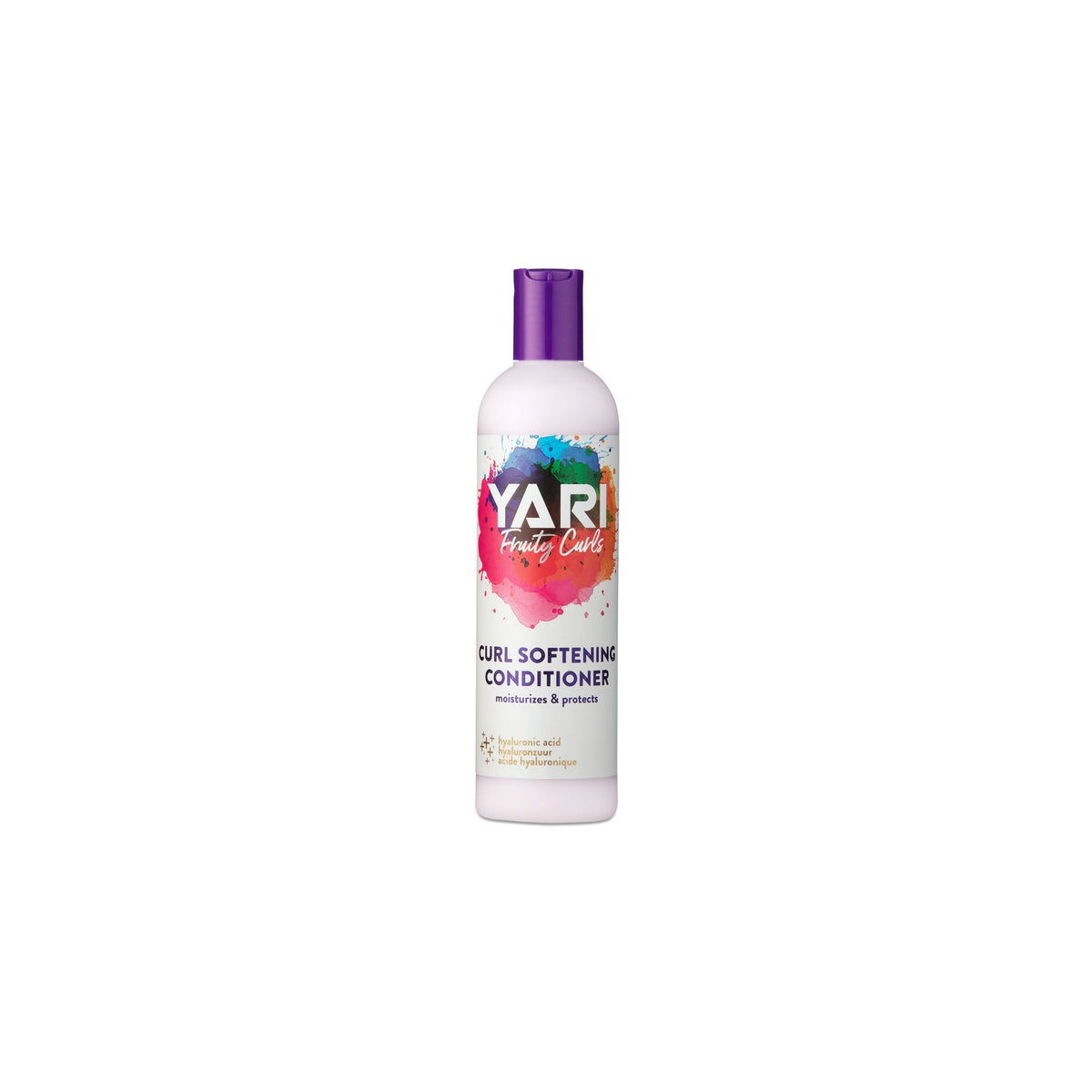 YARI Fruity Curls Curl Softening Conditioner (355 ml). White bottle with purple cap. Conditioner that softens curls, moisturizes and protects.