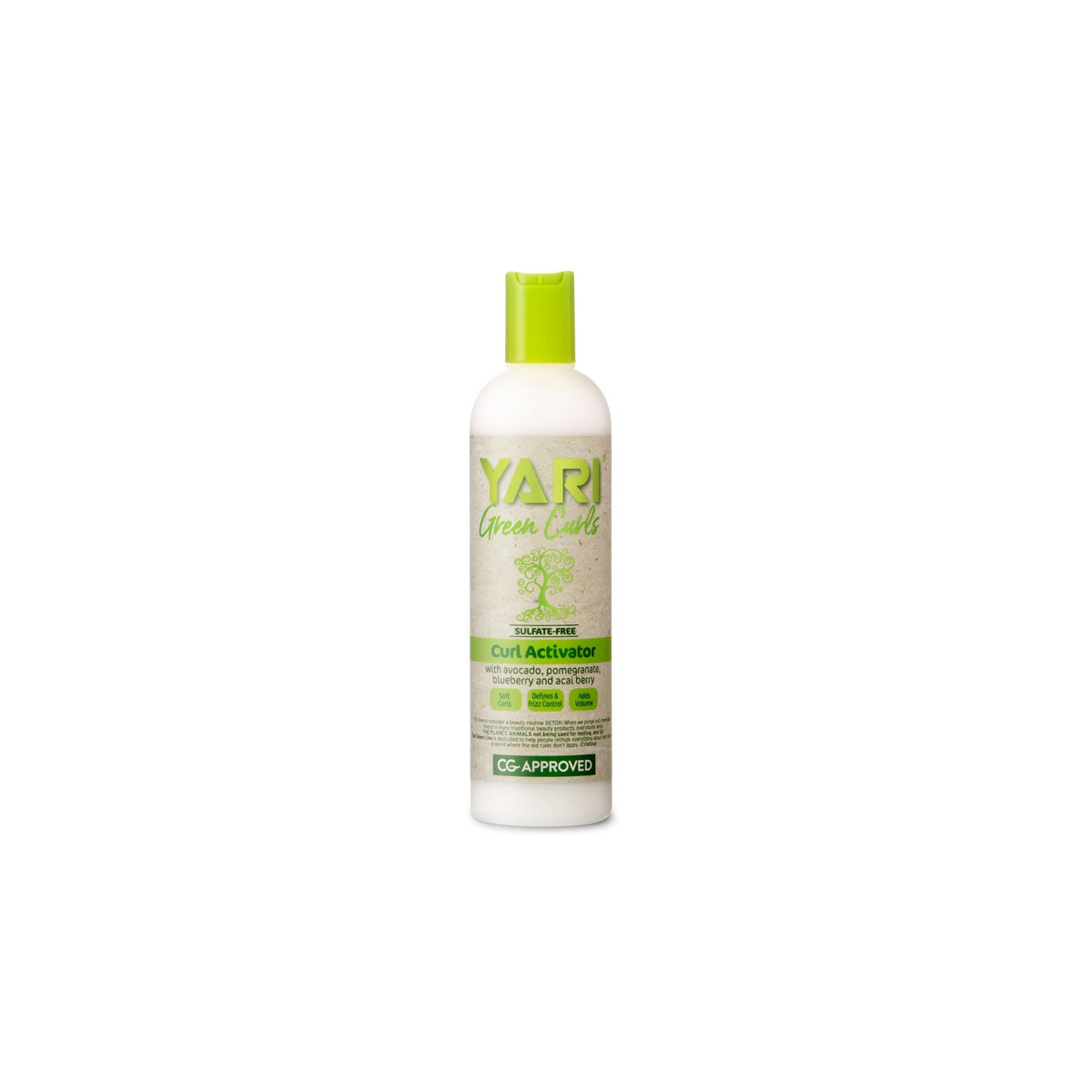 YARI Green Curls Curl Activator (355 ml). White bottle with green cap. Curl Activator with avocado, pomegranate, blueberry and acai. Sulfate-free and CG approved.