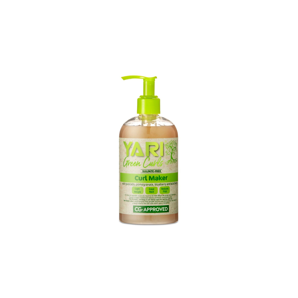 YARI Green Curls Curl Maker (384 ml). Clear bottle with green pump. Curl Maker with avocado, pomegranate, blueberry and acai. Gives good hold. Sulfate-free and CG approved.