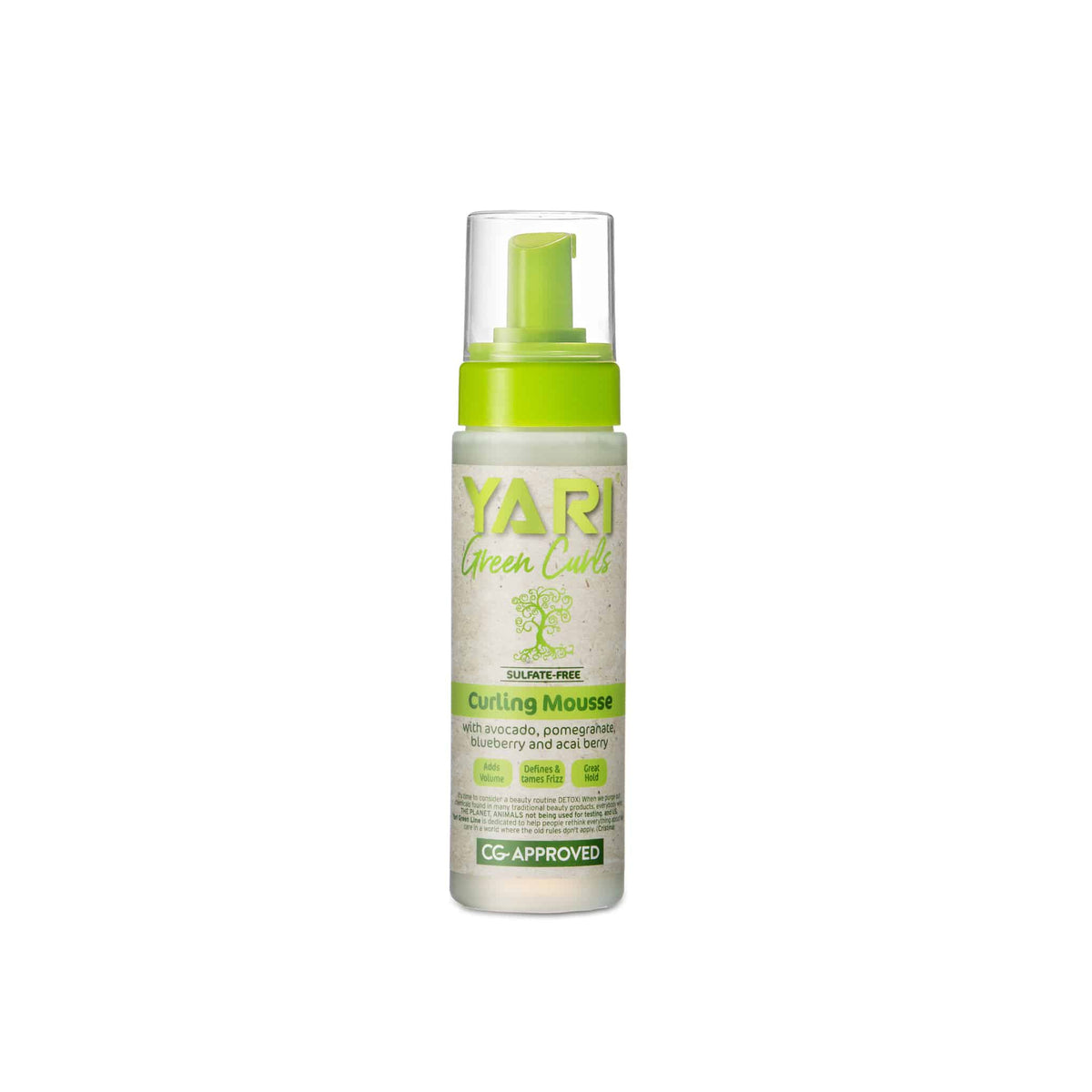 YARI Green Curls Curling Mousse (220 ml). White bottle with green cap and pump. Curl mousse with avocado, pomegranate, blueberry and acai. Defines curls and reduces frizz. Sulfate-free and CG approved.