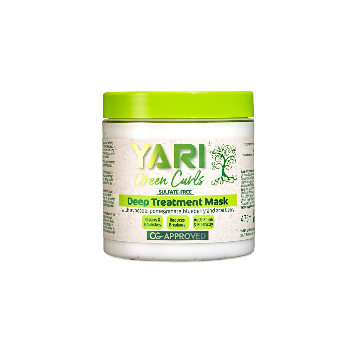 YARI Green Curls Deep Treatment Mask (525 ml). White plastic can with green lid. Deep-acting hair treatment with avocado, pomegranate, blueberry and acai. Repairs, nourishes, reduces breakage and adds shine and elasticity. Sulfate-free and CG approved.