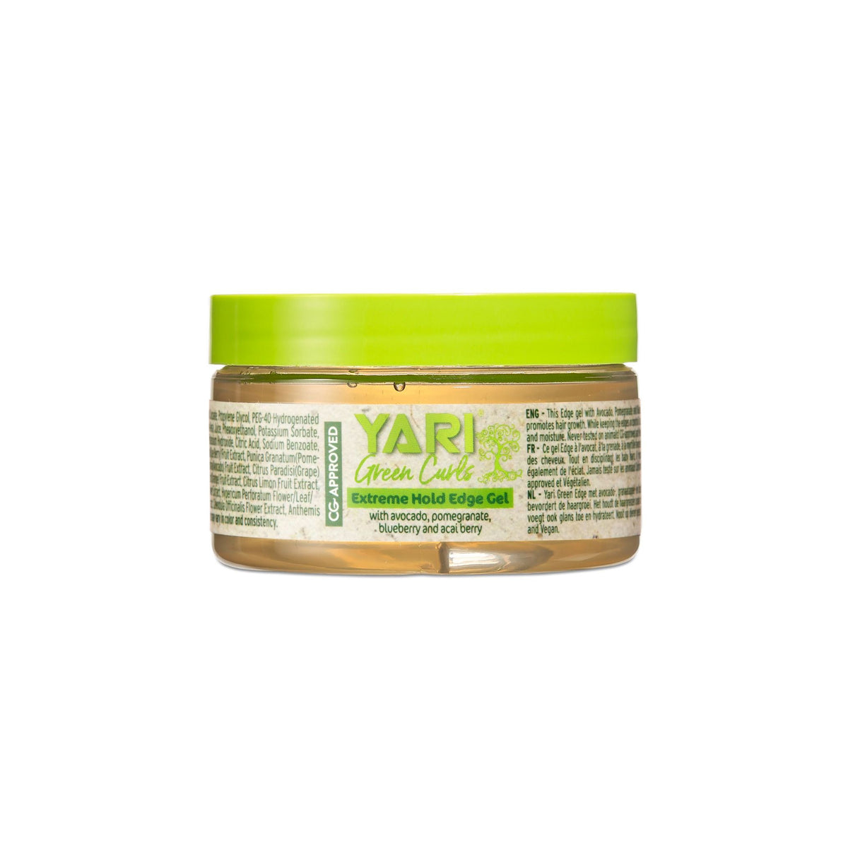 YARI Green Curls Extreme Hold Edge Gel (125 ml). Clear plastic can with green lid. Extremely durable edge gel with avocado, pomegranate, blueberry and acai. CG approved.