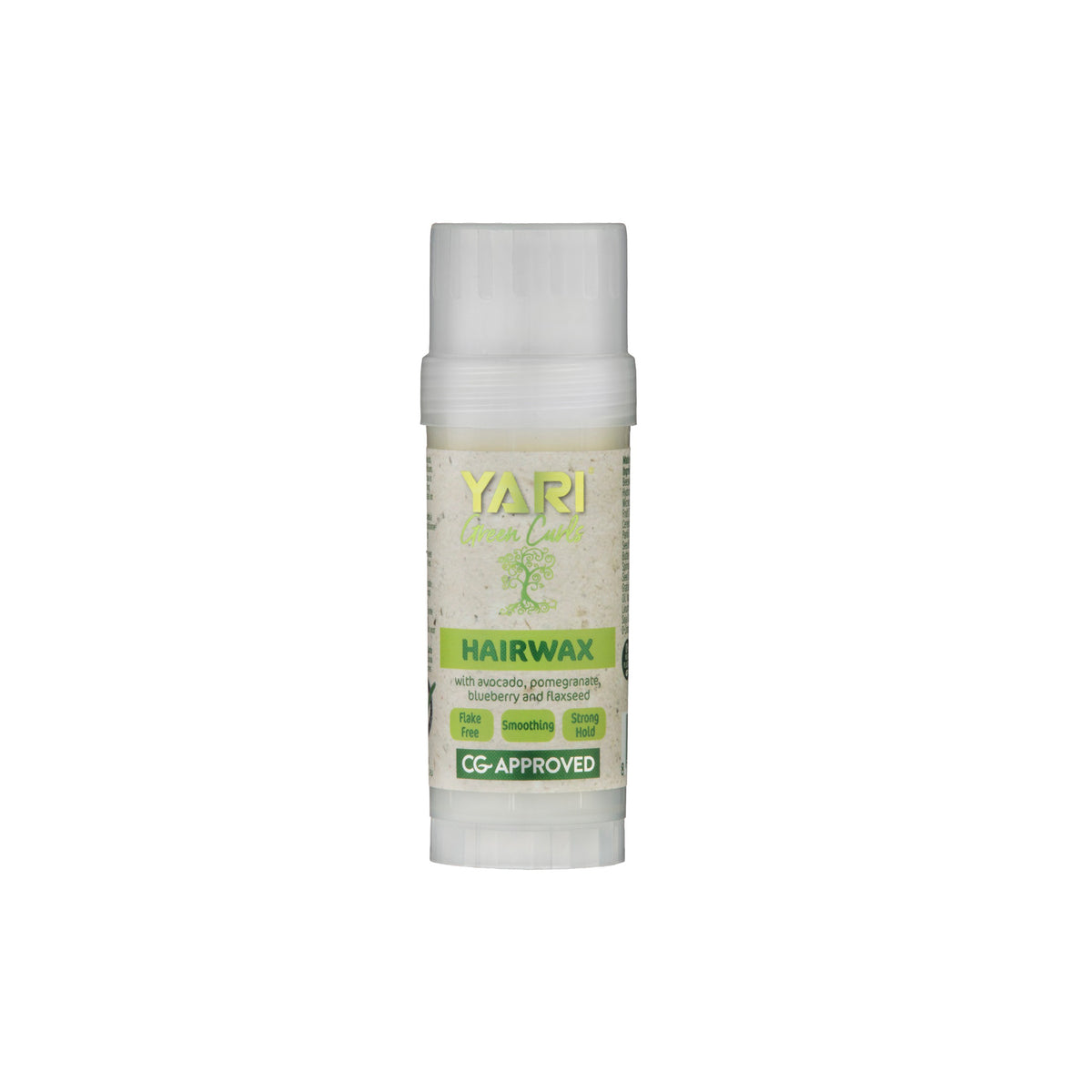 YARI Green Curls Hairwax Stick (60 ml). White stick with white lid. Hair wax stick with avocado, pomegranate and raspberry. CG approved.