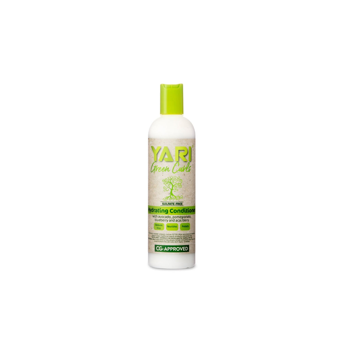 YARI Green Curls Hydrating Conditioner (355 ml). White bottle with green cap. Moisturizing conditioner with avocado, pomegranate, blueberry and acai. Sulfate-free and CG approved.