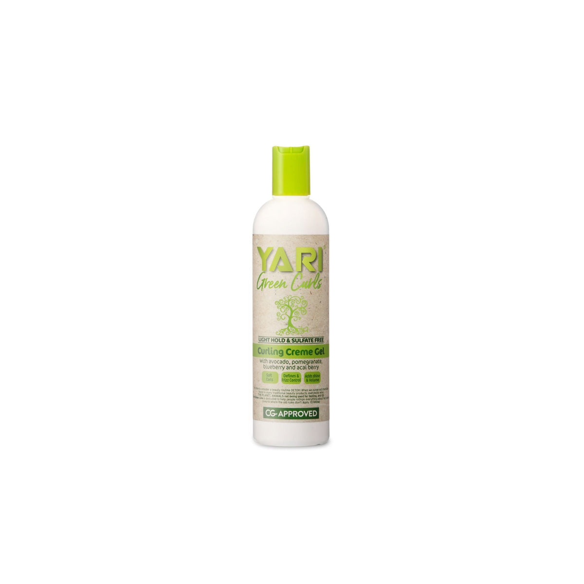 YARI Green Curls Light Hold Curling Creme Gel (355 ml). White bottle with green cap. Light hold curl cream-gel with avocado, pomegranate, blueberry and acai. Sulfate-free and CG approved.