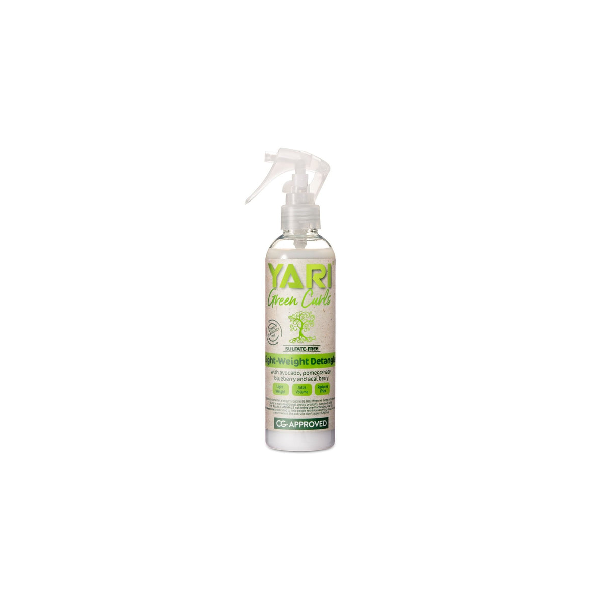 YARI Green Curls Light-Weight Detangler (240 ml). Clear spray bottle with white spray head. Sulfate-free lightweight conditioner spray with avocado, pomegranate, blueberry and acai. CG approved.