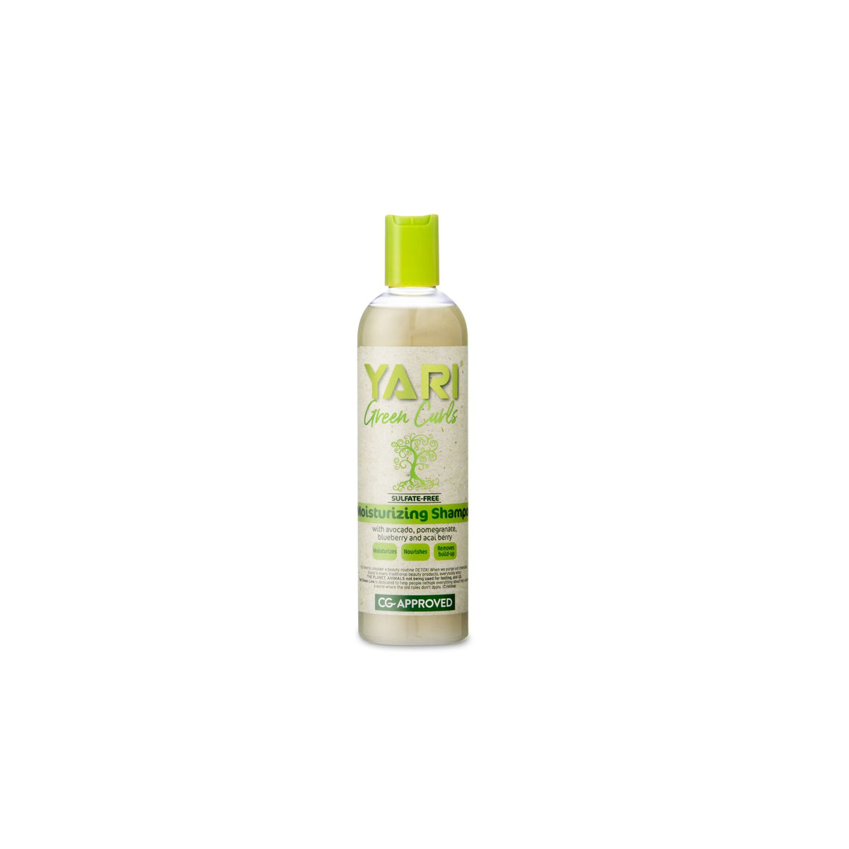 YARI Green Curls Moisturizing Shampoo (355 ml). Clear bottle with green cap. Sulfate-free shampoo with avocado, pomegranate, blueberry and acai. CG approved.