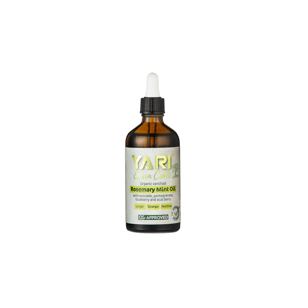  YARI Green Curls Rosemary Mint Oil (100 ml). Brown glass bottle with white dropper. Organically certified hair oil with rosemary, mint, avocado, pomegranate, blueberry and acai. CG approved.