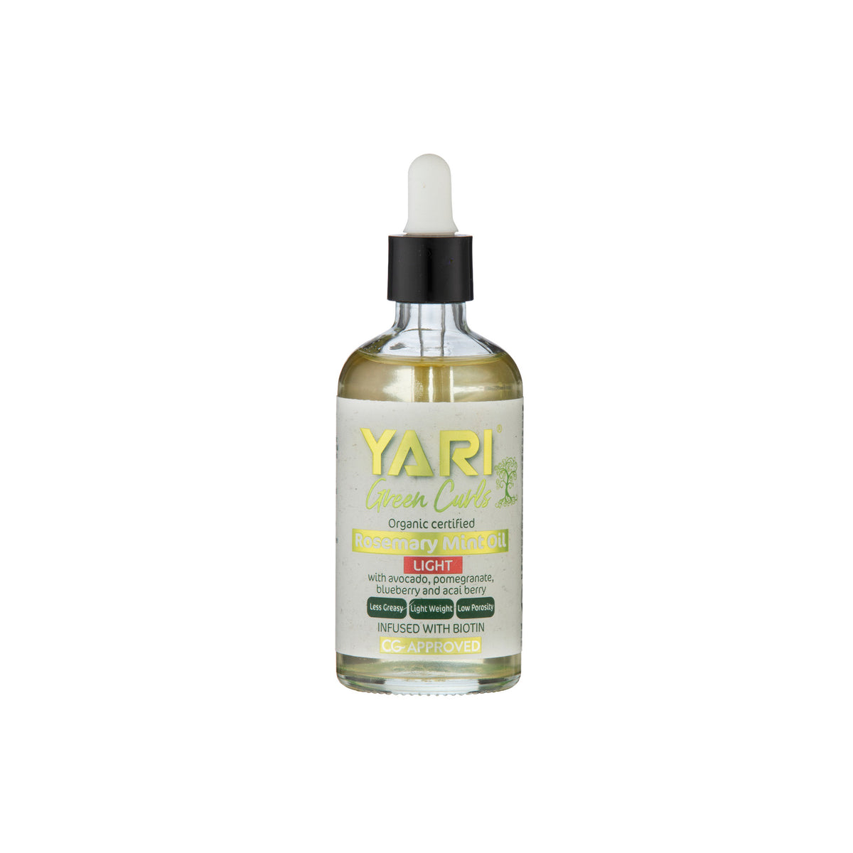YARI Green Curls Rosemary Mint Oil Light (100 ml). Clear glass bottle with black dropper. Organically certified hair oil with rosemary, mint, avocado, pomegranate, blueberry and acai. Enriched with biotin.