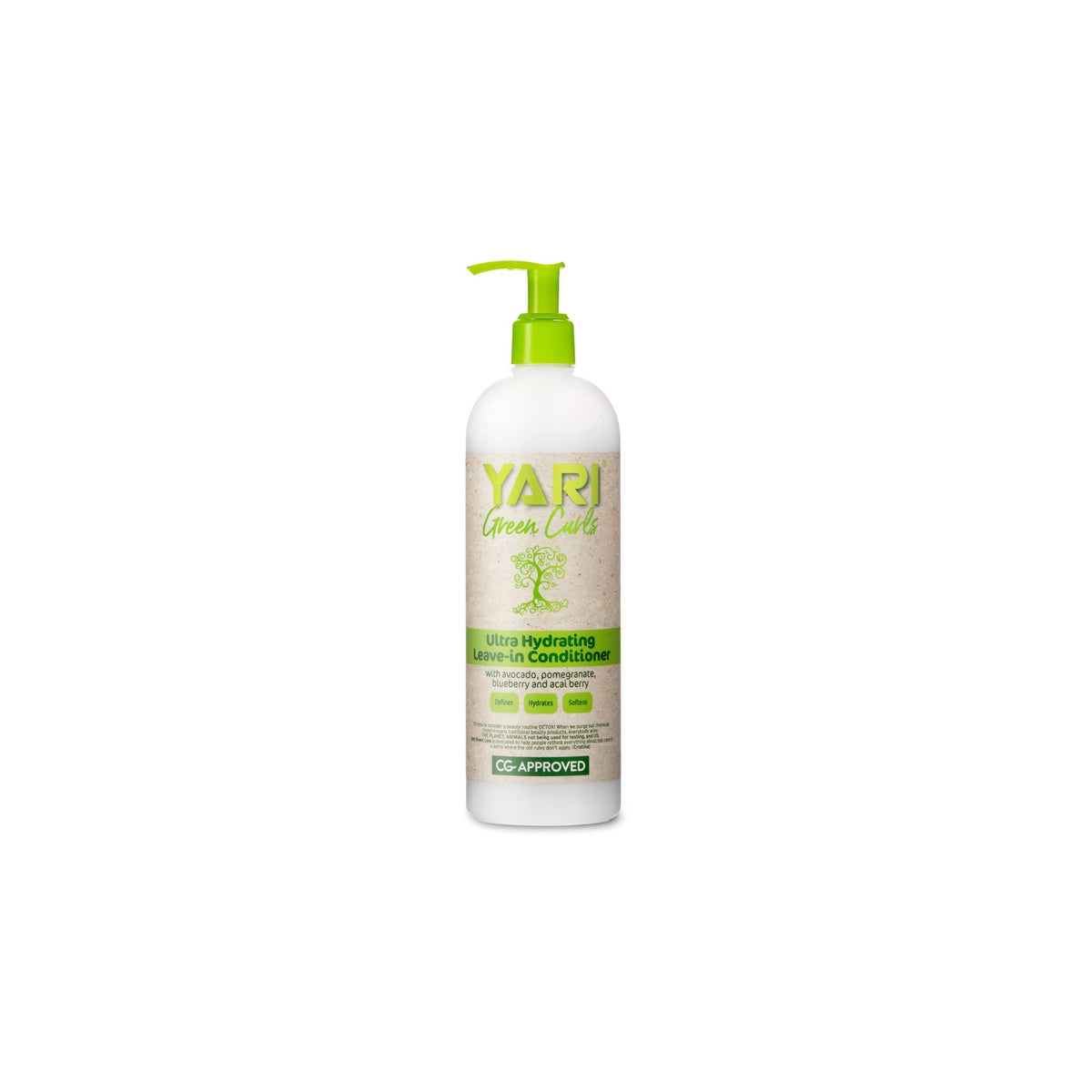 YARI Green Curls Ultra Hydrating Leave-in Conditioner (500 ml). White bottle with green pump. Moisturizing leave-in conditioner with avocado, pomegranate, blueberry and acai. CG approved.