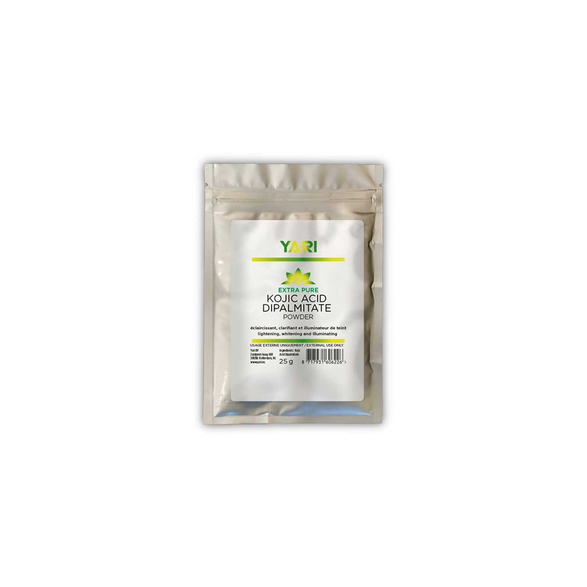 YARI Extra Pure Kojic Acid Dipalmitate Powder (25g). Silver colored bag with white contents. Used for brightening, clarifying and enlightening the skin.