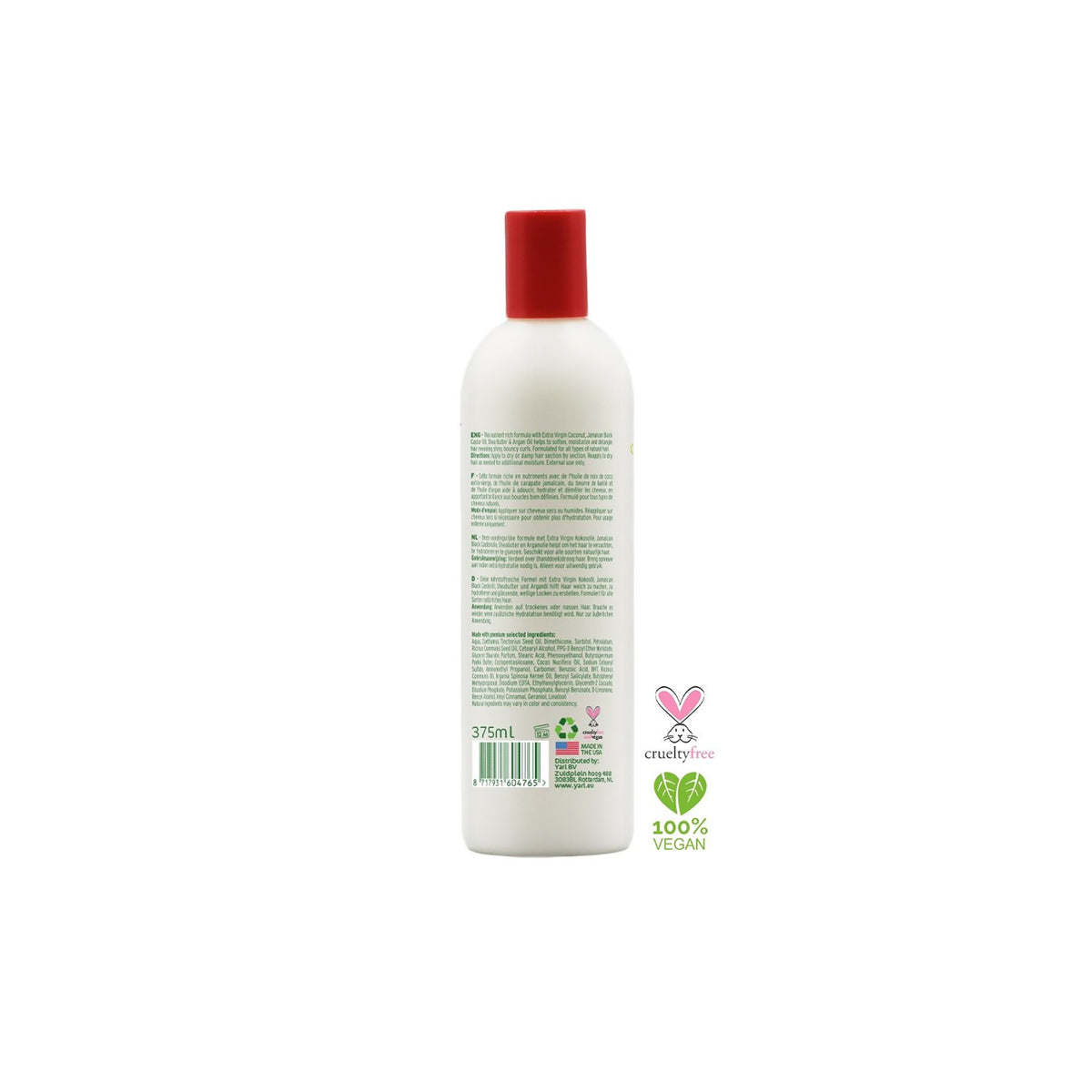 Back of YARI Naturals Creamy Hair Lotion (375 ml). White bottle with red top. Shows ingredient list, Cruelty-free and 100% vegan logo.