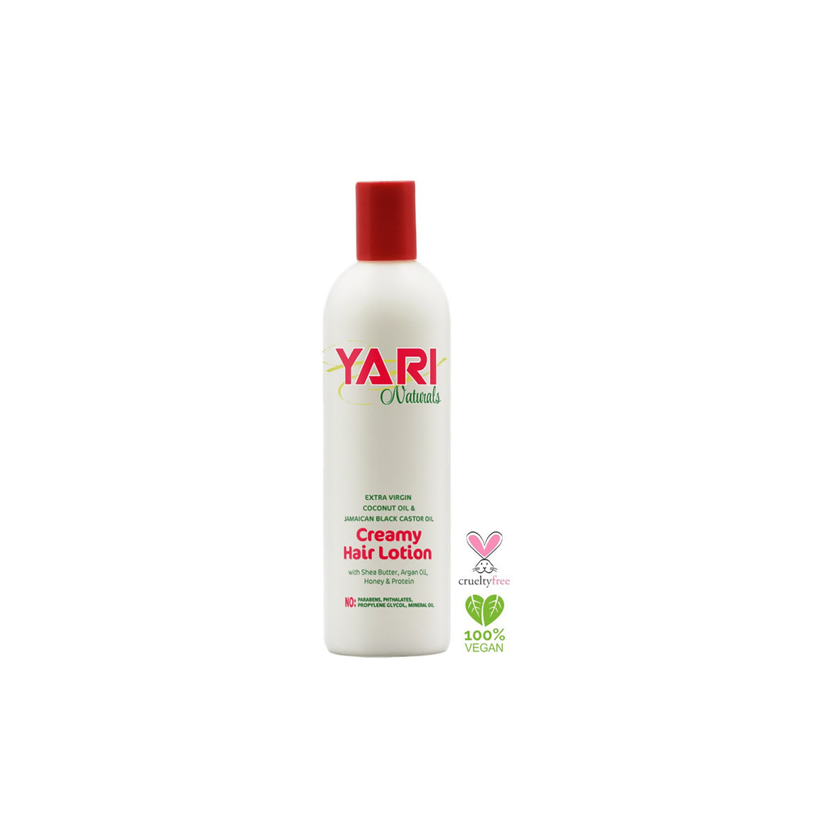 ARI Naturals Creamy Hair Lotion (375 ml). White bottle with red top. Contains coconut oil, Jamaican black castor oil, shea butter, argan oil, honey and protein. Cruelty-free and vegan.