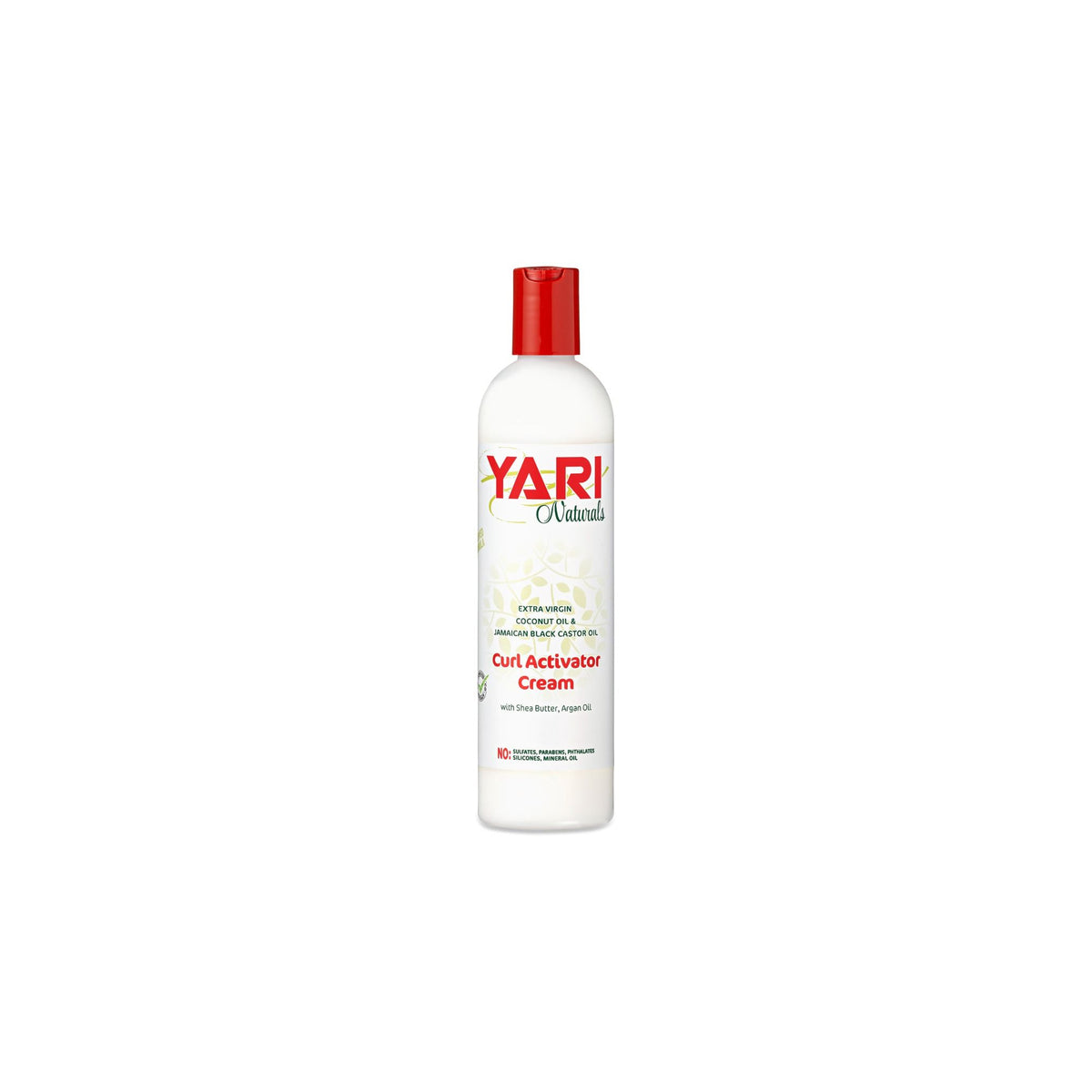 YARI Naturals Curl Activator Cream (375 ml). White bottle with red top. Contains coconut oil and Jamaican black castor oil.