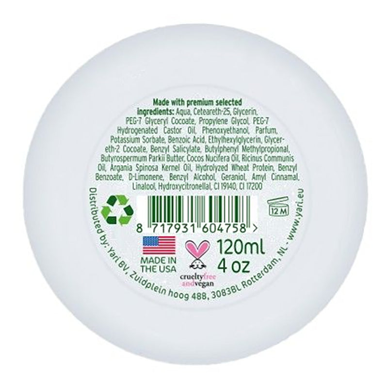 Back of Yari Naturals Edge Gel-Wax (120ml). Ingredients list, "Made in the USA", Cruelty-Free and vegan logo.
