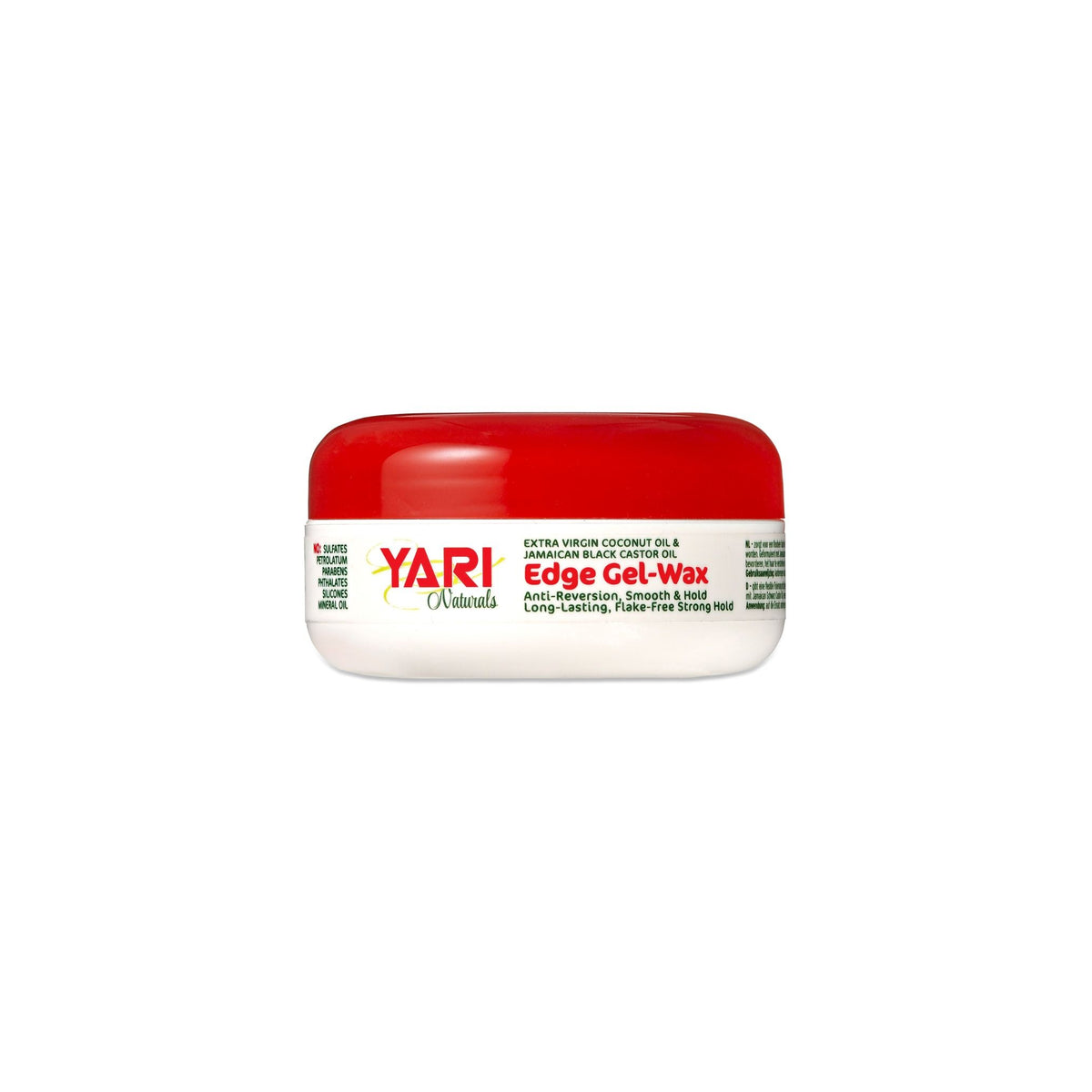 Yari Naturals Edge Gel-Wax (120 ml). White jar with red lid. Anti-reversion, smooth & hold. Contains coconut oil and Jamaican black castor oil