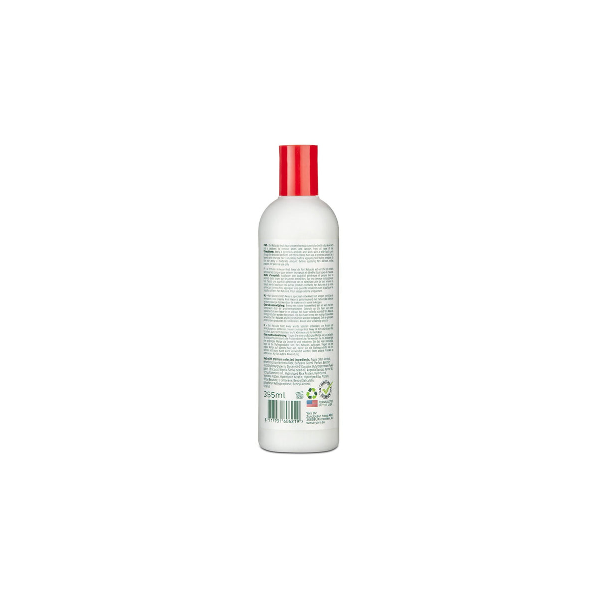 Back of Yari Naturals Knot Away Leave-in Detangler (375 ml). White bottle with red top. Label with list of ingredients, instructions for use and recycling symbols.