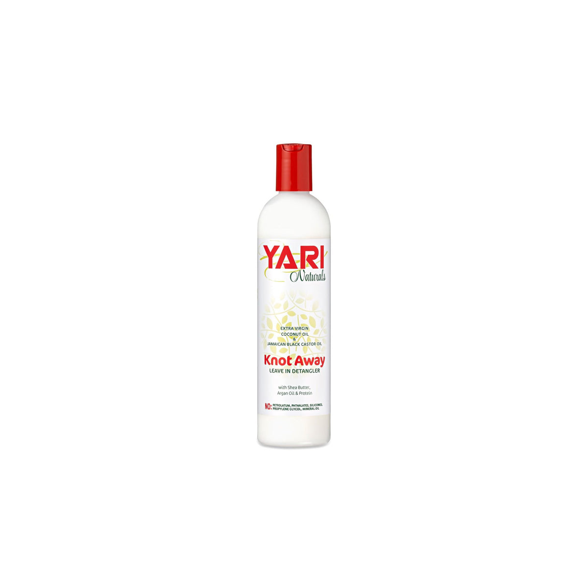 Yari Naturals Knot Away Leave-in Detangler (375 ml). White bottle with red top. Contains coconut oil, Jamaican black castor oil, shea butter, argan oil and protein.