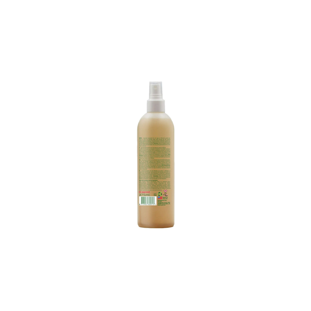 Back of Yari Naturals Leave-in Detangler (375ml). Transparent spray bottle with white spray top. Label with list of ingredients and recycling symbols.