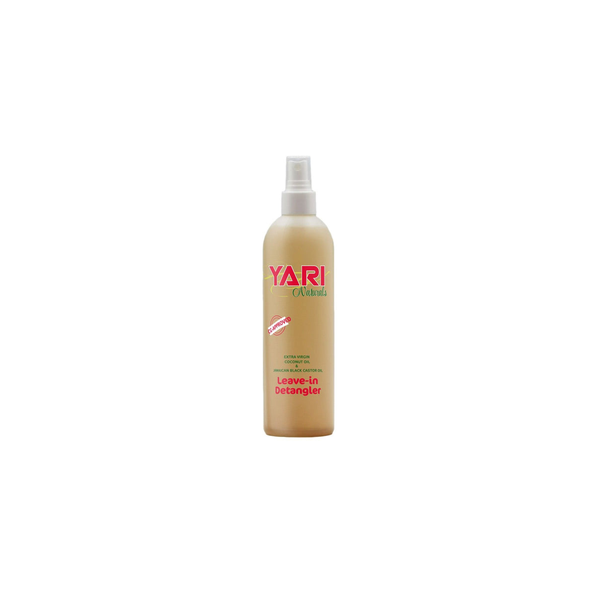 Yari Naturals Leave-in Detangler (375 ml). Light, transparent spray bottle with white spray top and red writing. Contains coconut oil and Jamaican black castor oil.