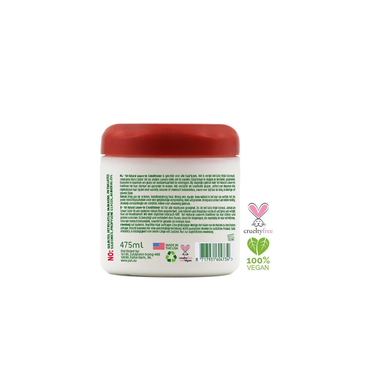 Back of Yari Naturals Leave-in Repair Conditioner (475ml). White plastic can with red lid. Label with ingredients list in several languages, recycling symbols, Cruelty-Free and 100% vegan logo. Made in the USA.