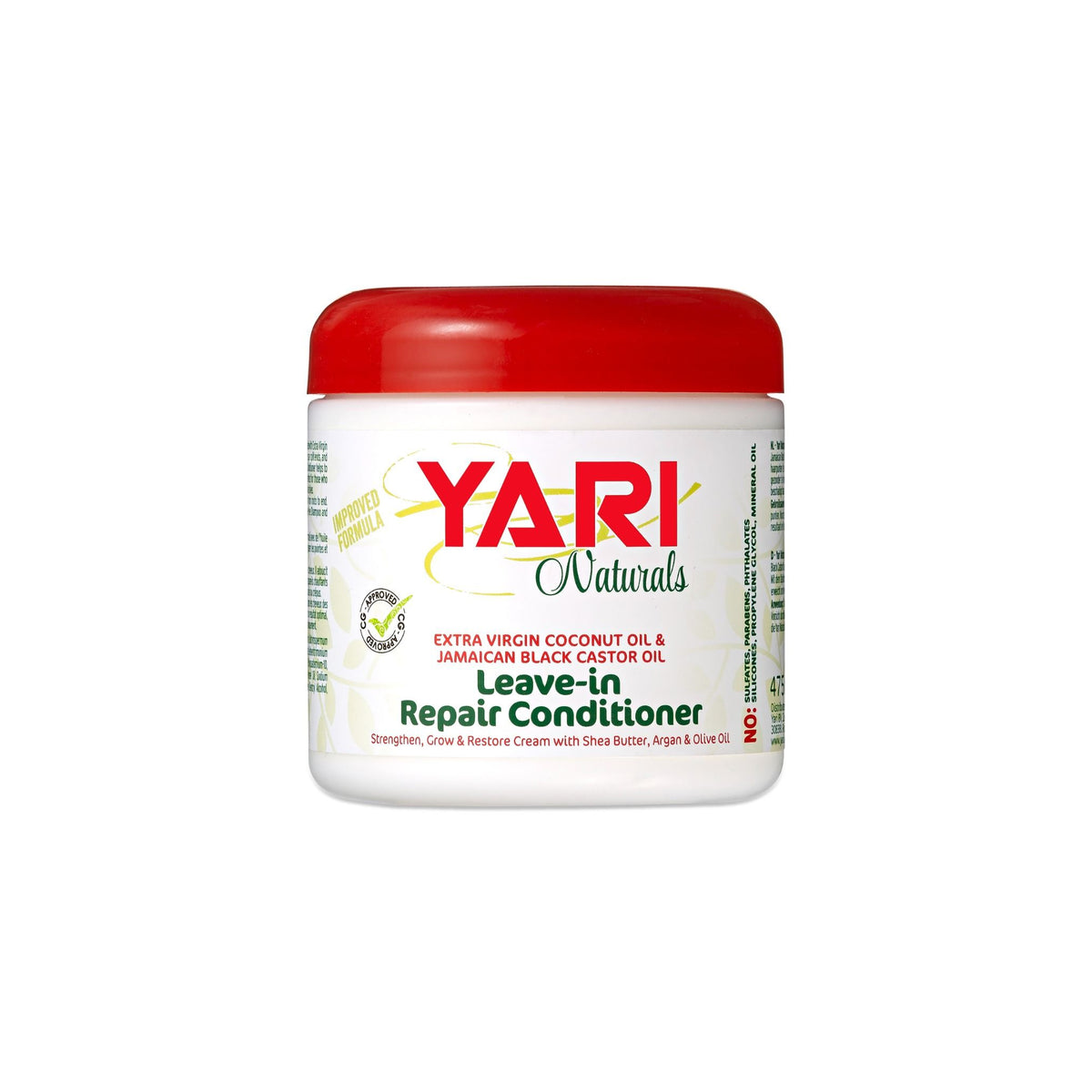 Yari Naturals Leave-in Repair Conditioner (475 ml). White plastic can with red lid. Contains coconut oil, Jamaican black castor oil, shea butter, argan and olive oil. Free of sulfates, parabens, phthalates, silicones, propylene glycol and mineral oil.