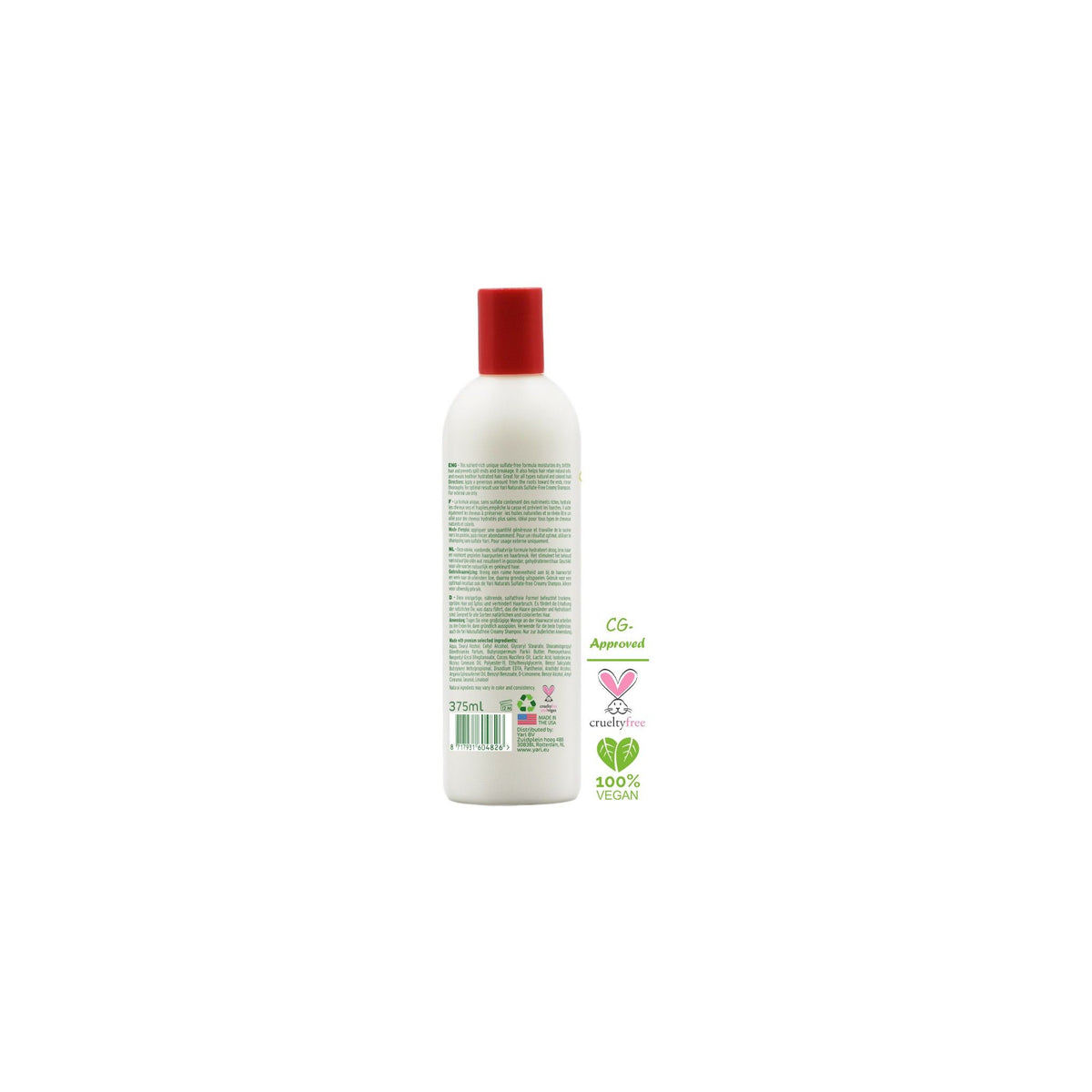 Back of Yari Naturals Sulfate-Free Cream Conditioner (375ml). White bottle with red cap, label with list of ingredients, recycling symbols, Cruelty-Free and 100% vegan logo.