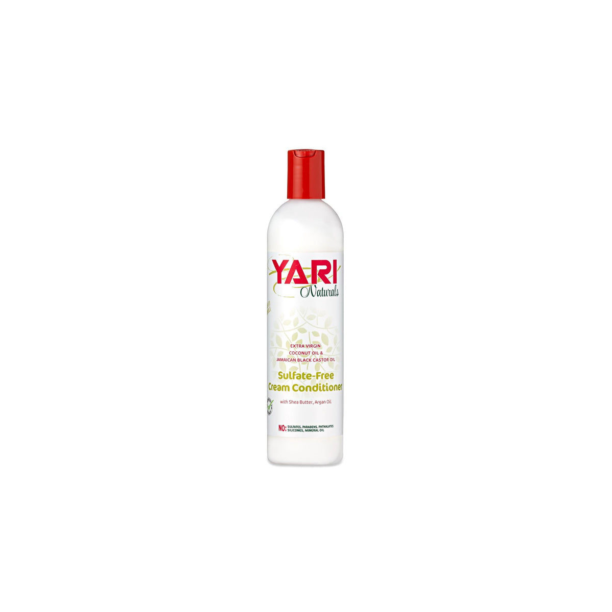 Yari Naturals Sulfate-Free Cream Conditioner (375 ml). White bottle with red cap and label with coconut oil, Jamaican black castor oil, shea butter and argan oil.