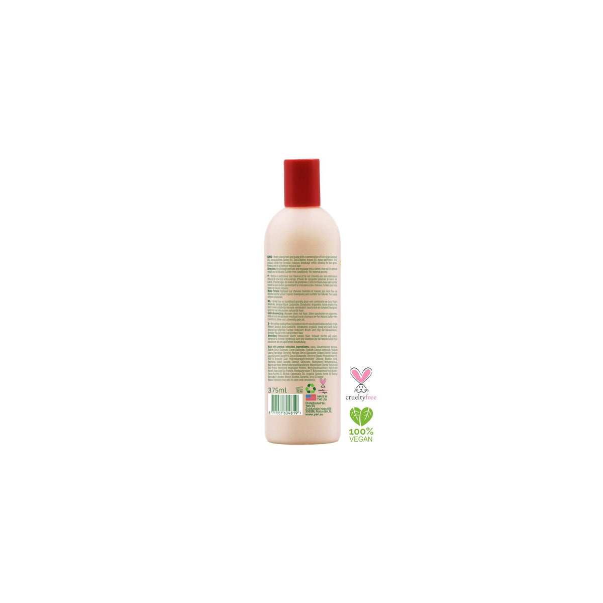 Back of Yari Naturals Sulfate-Free Creamy Shampoo (375 ml). White bottle with red cap, label with list of ingredients, recycling symbols, Cruelty-Free and 100% vegan logo.