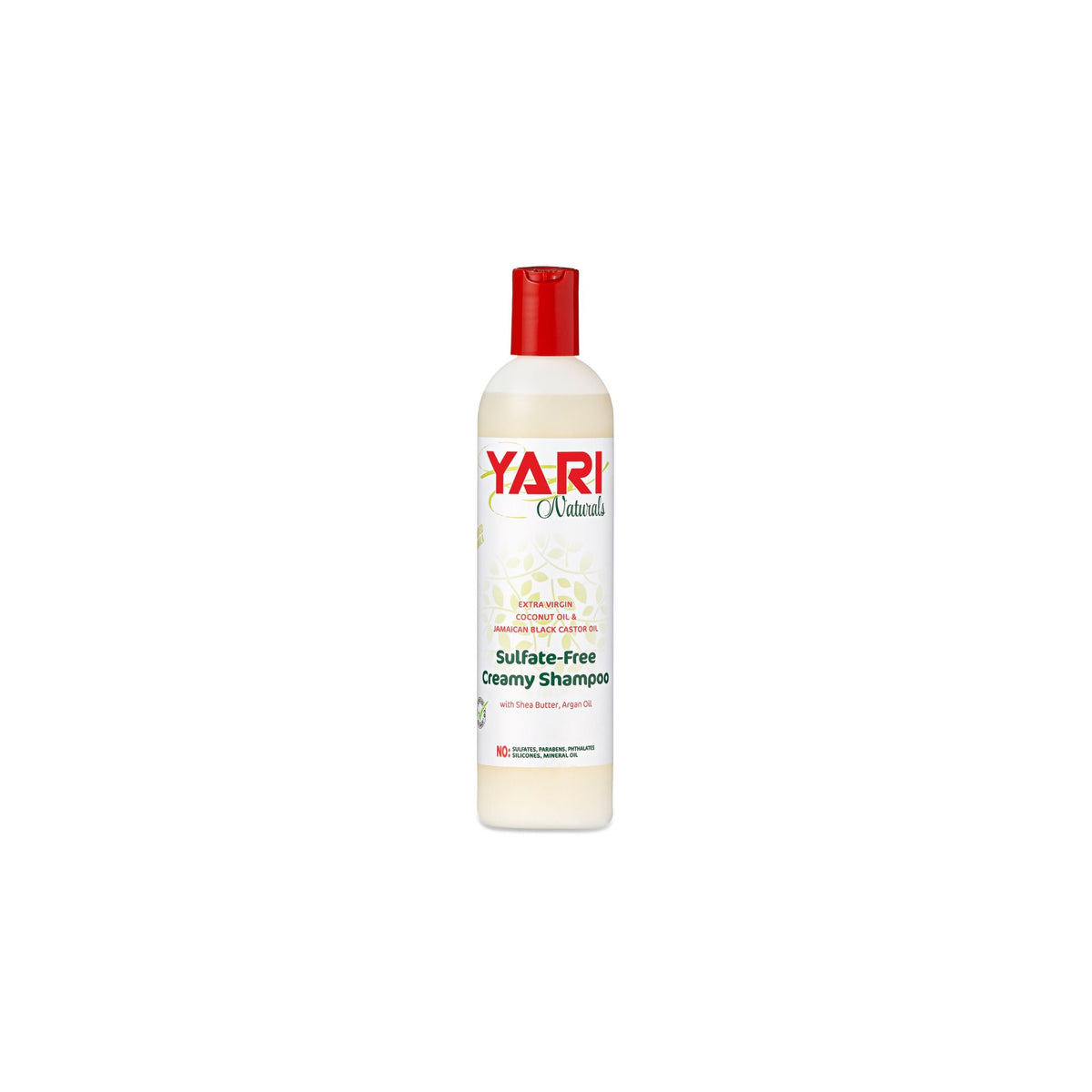 Yari Naturals Sulfate-Free Creamy Shampoo (375 ml). White bottle with red cap and label with coconut oil, Jamaican black castor oil, shea butter and argan oil.