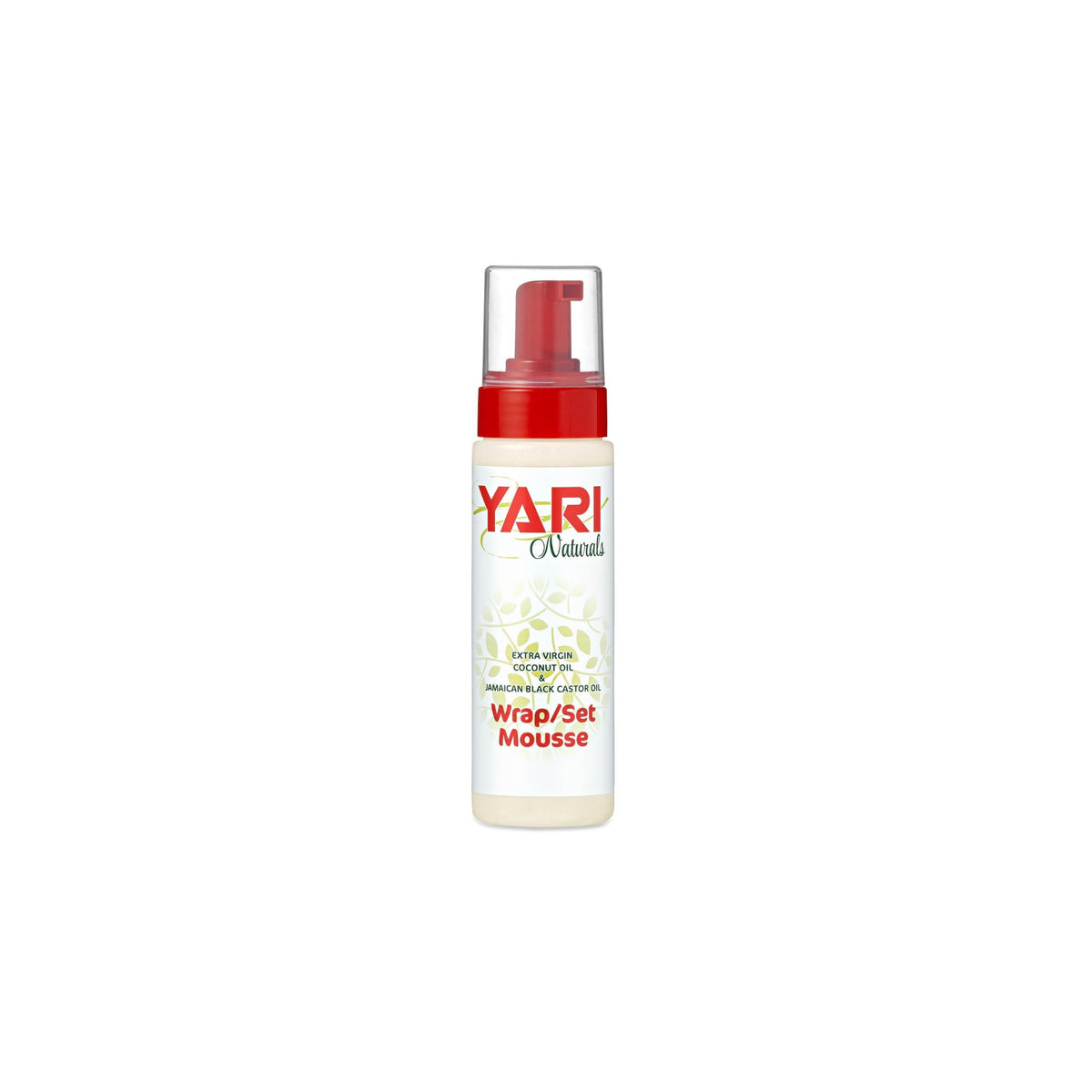 Yari Naturals Wrap/Set Mousse (220 ml). White bottle with red pump and label with coconut and Jamaican black castor oil.