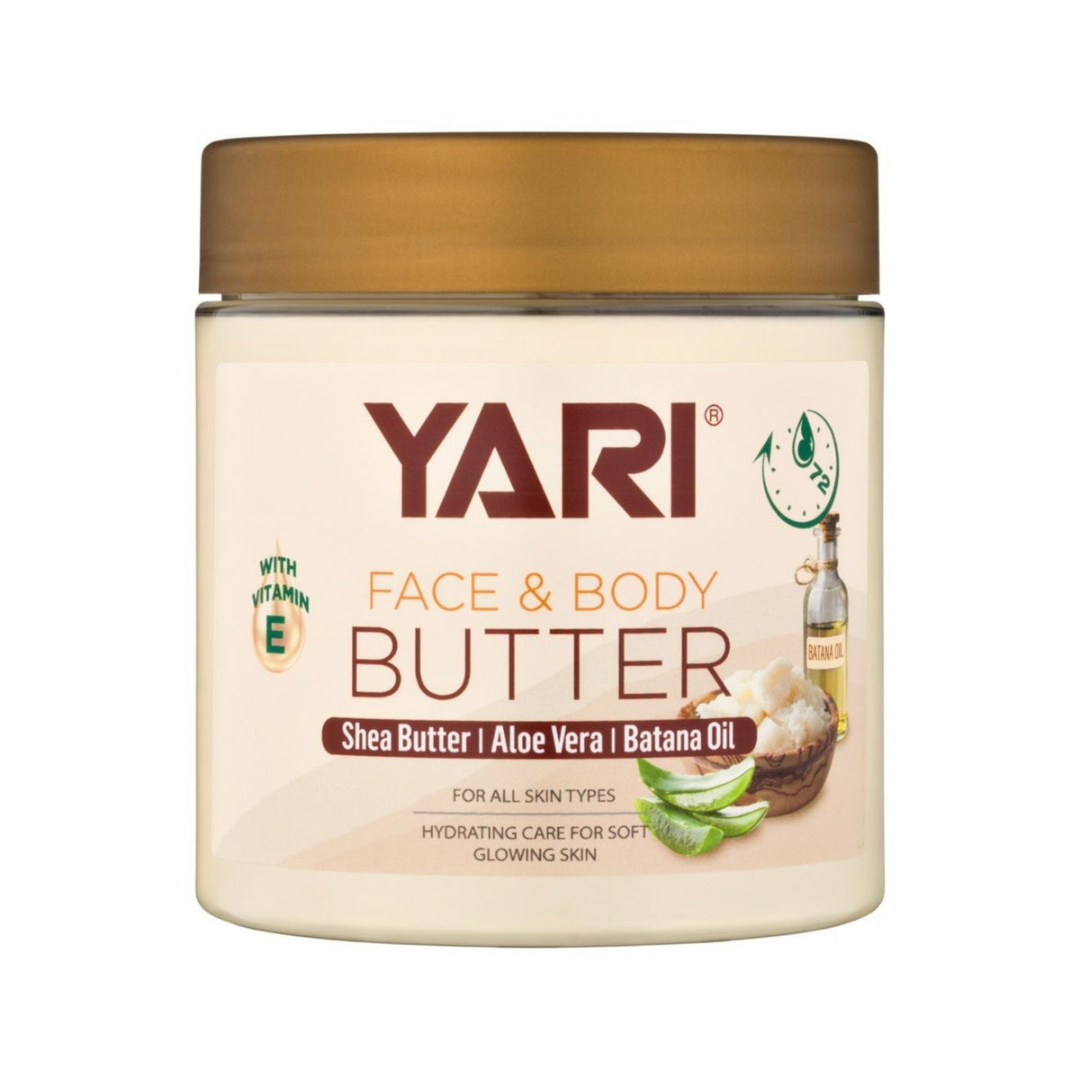 Yari Face & Body Butter with shea butter, aloe vera and batana oil in a jar with a gold lid.